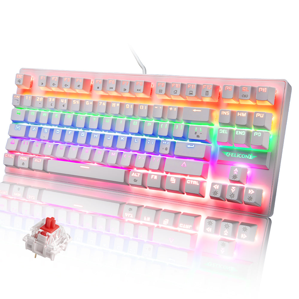 FELiCON K2 Wired 80% Percent Mechanical Gaming Keyboard UK Layout Rainbow Light Up Keyboard Compact 88 Keys Ergonomic for PC Mac