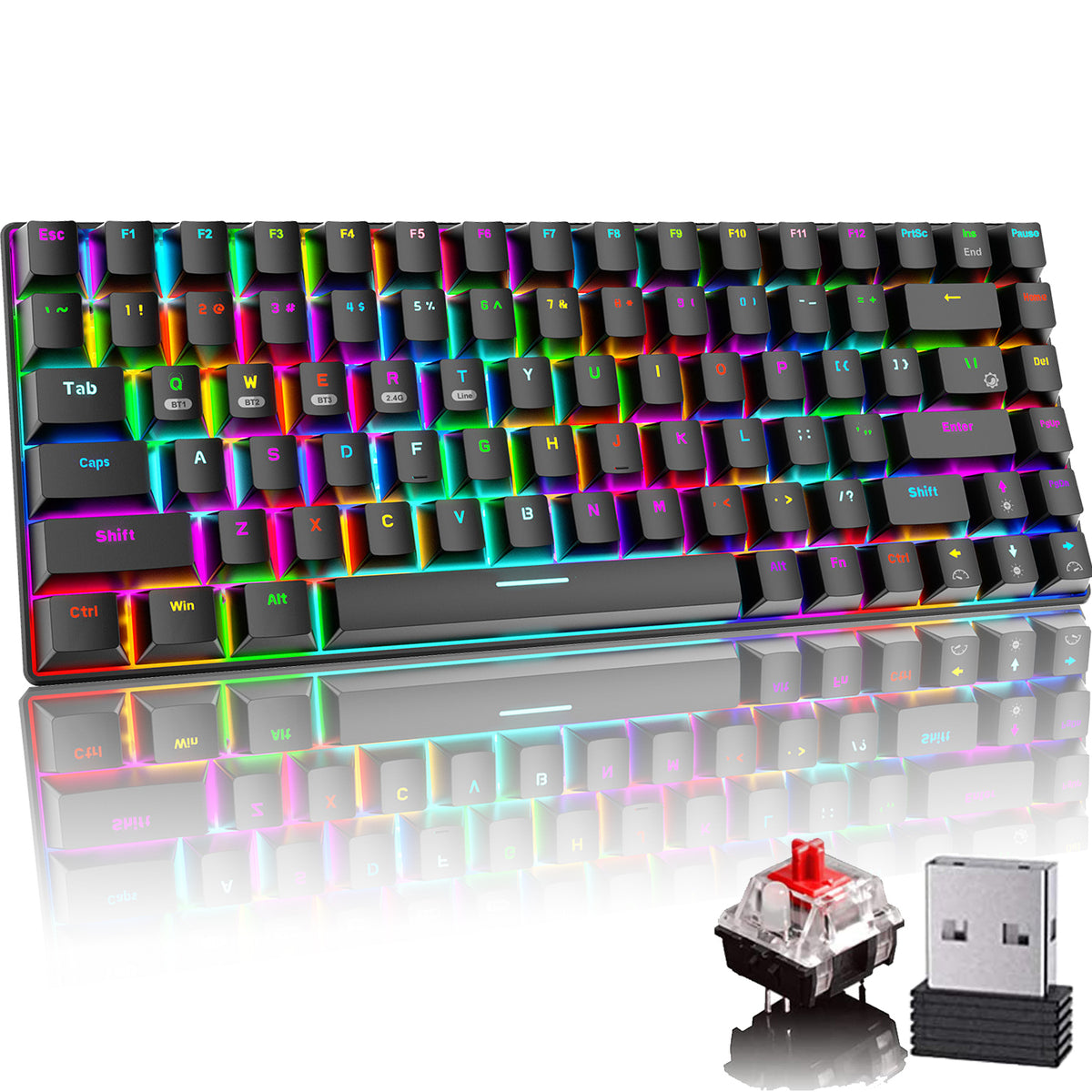 Clavier de jeu mécanique RVB LED rétroéclairé Bluetooth 5.0/sans fil 2,4 G/filaire 84 touches Mini clavier avec batterie rechargeable 3000 mAh Commutateurs rouges Type-C Récepteur USB pour PC de jeu Windows, Noir