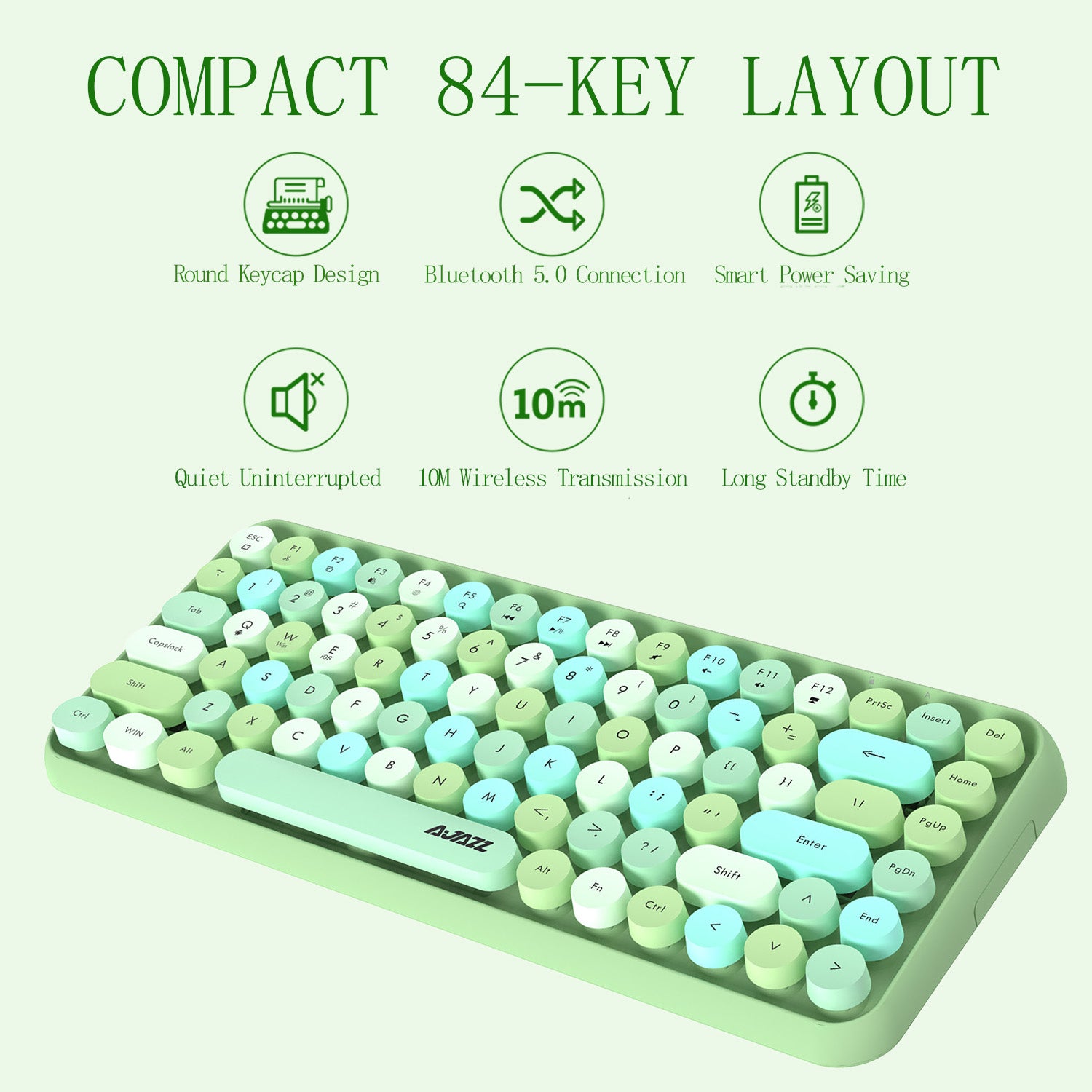 AJAZZ 308i Retro Wireless Keyboard, Cute Round Compact 84 Keys Silent Bluetooth Keyboard, Typewriter Design for iPad, PC, Laptop