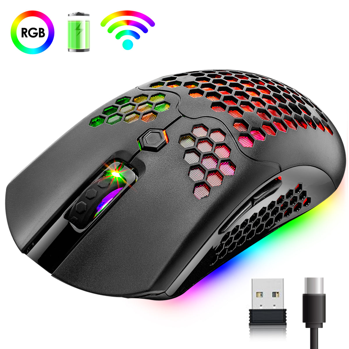 Mouse da gioco wireless, 16 mouse wireless/cablati ultraleggeri retroilluminati RGB con driver programmabile, batteria ricaricabile da 800 mA, Pixart 3325 12000 DPI, guscio a nido d'ape leggero per PC Gamer