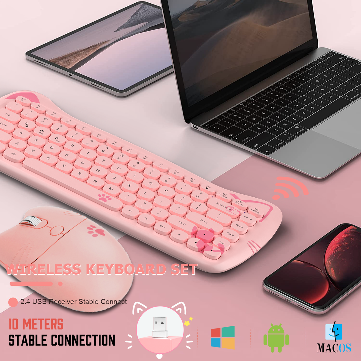 AJAZZ A3060 - 65 percent Cute Cat Wireless Keyboard and Mouse Set Retro Typewriter Cordless Aesthetic Mouse, for Mac Laptop PC