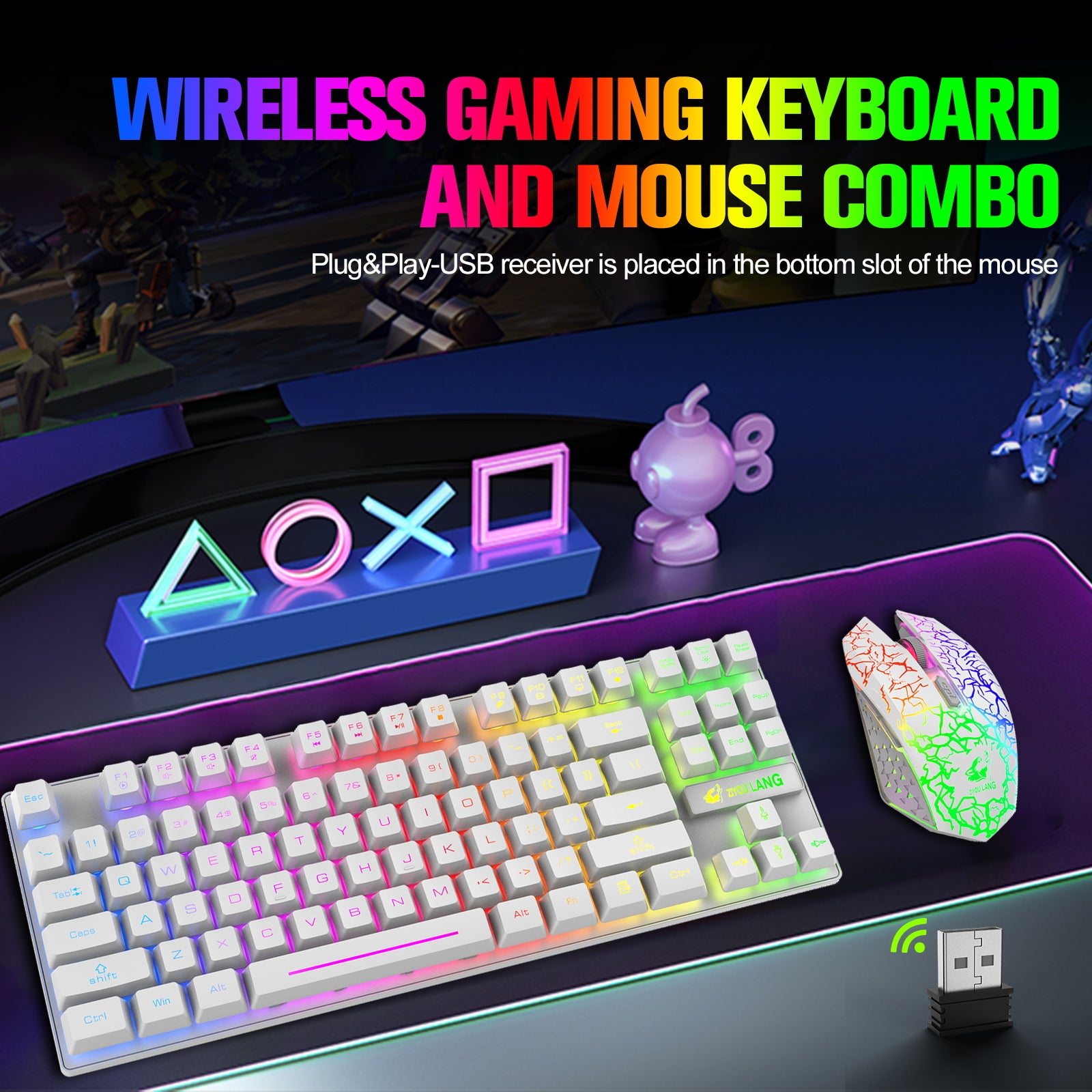 ZIYOU LANG T87 Wireless Gaming Keyboard and Mouse Combo with 87 Key Rainbow LED Backlight Rechargeable 3800mAh Battery Mechanical Feel Anti-ghosting Ergonomic Waterproof RGB Mute Mice for Computer PC Gamer (Black)