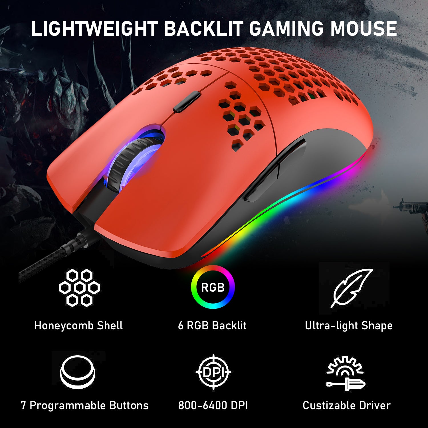 ZIYOU LANG M1 Wired Lightweight Gaming Mouse,6 RGB Backlit with 7 Buttons Programmable, Adjustable 6400DPI ,Ultralight Honeycomb Shell