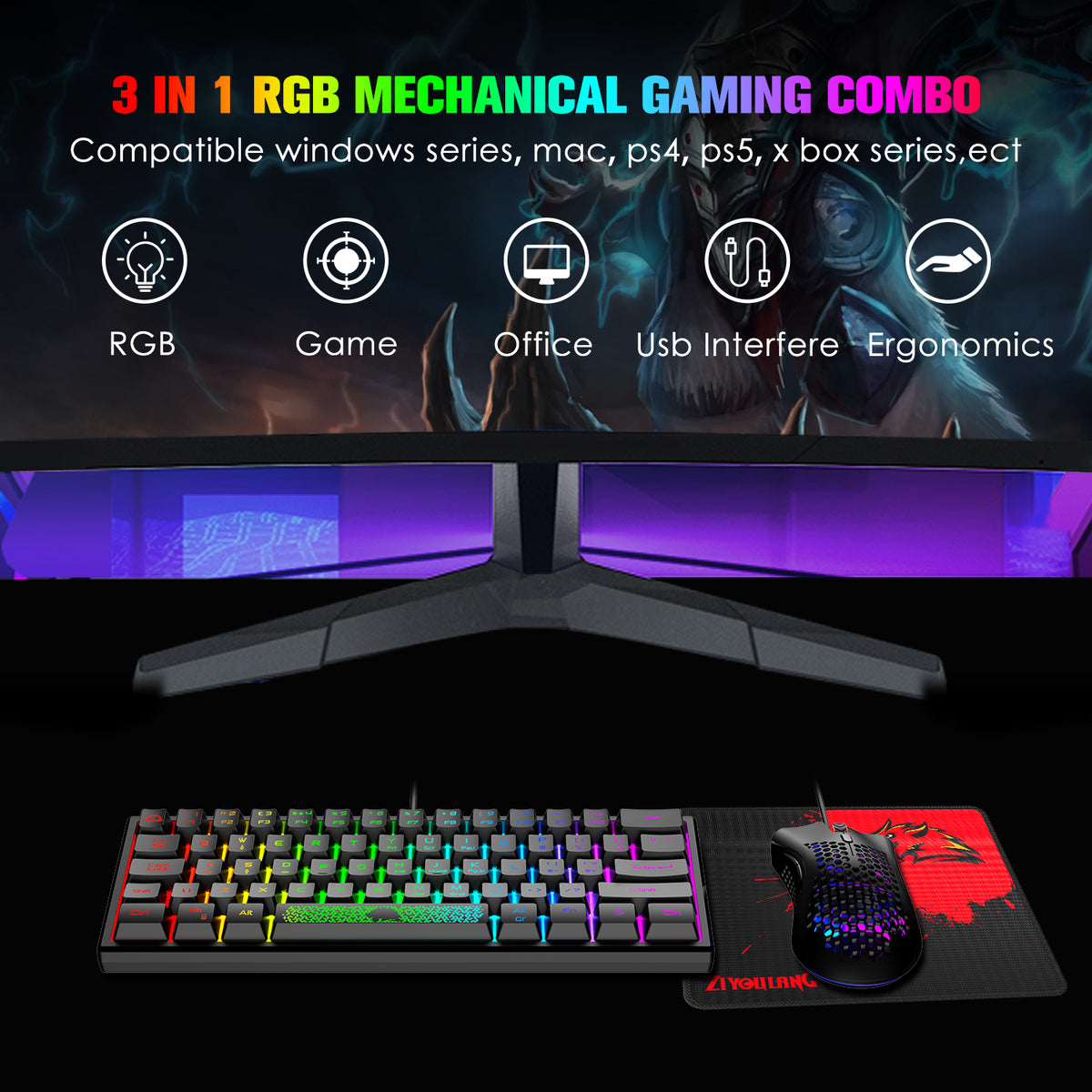 ZIYOU LANG K61 - 60% Compact Gaming Keyboard and Mouse Set UK Layout Ultralight 12000 DPI Breathable LED Honeycomb Shell Mouse