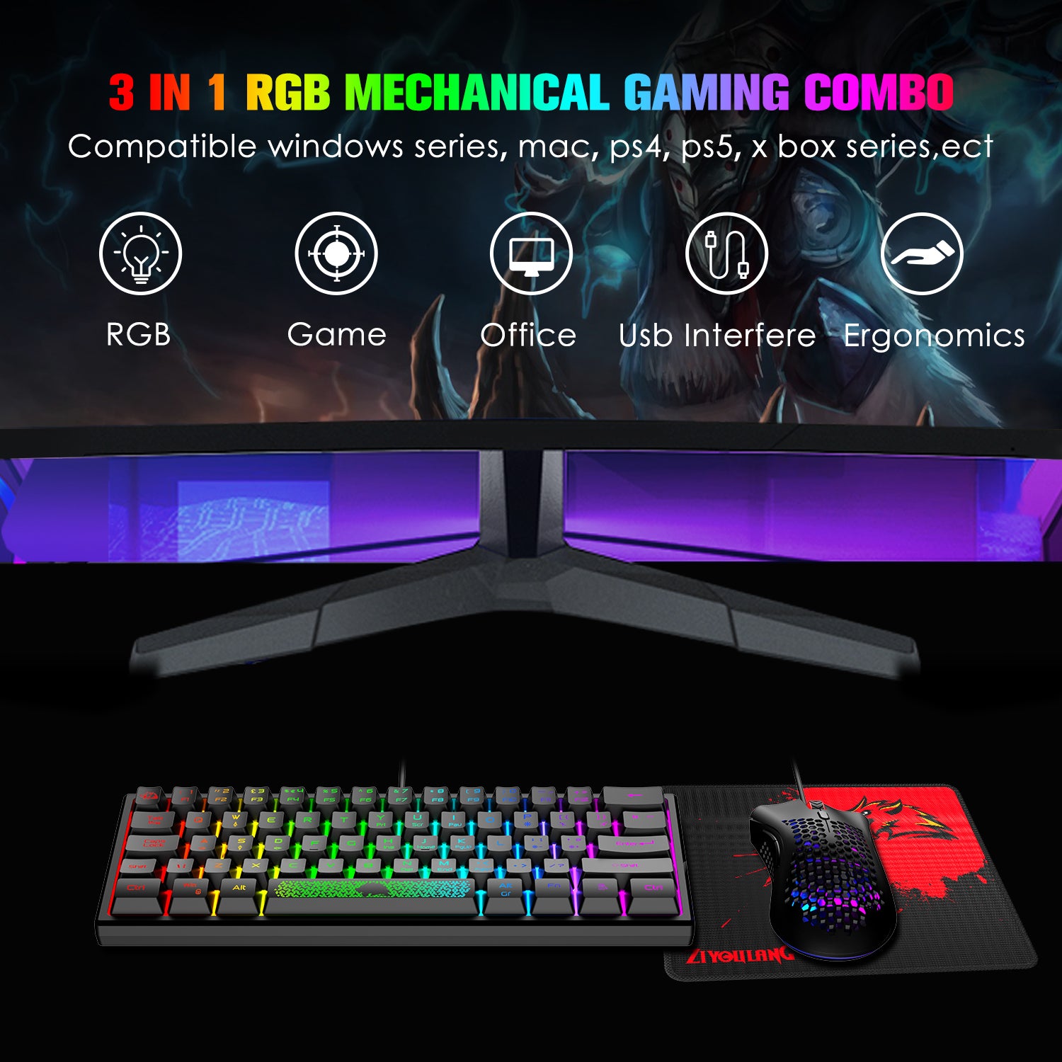 ZIYOU LANG K61 - 60% Compact Gaming Keyboard and Mouse Set UK Layout Ultralight 12000 DPI Breathable LED Honeycomb Shell Mouse