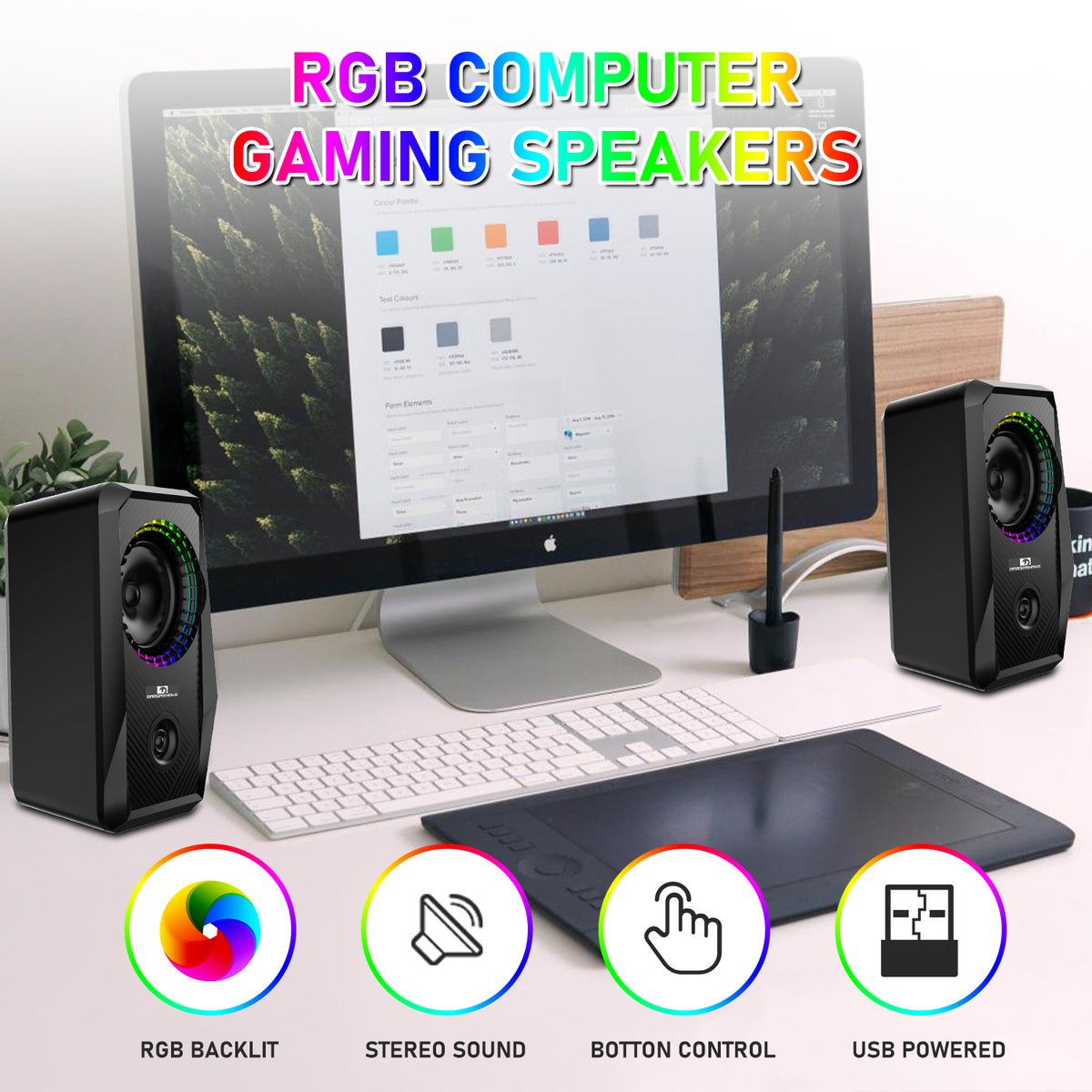 Computerlautsprecher, kabelgebundener RGB-Gaming-Lautsprecher für PC 2.0 USB-betriebene Stereo-Lautstärkeregelung, 6 RGB-LED-Hintergrundbeleuchtungsmodi, USB-betriebener 3,5-mm-Aux-tragbarer Multimedia-Lautsprecher für PC-Desktop-Laptop-Telefone