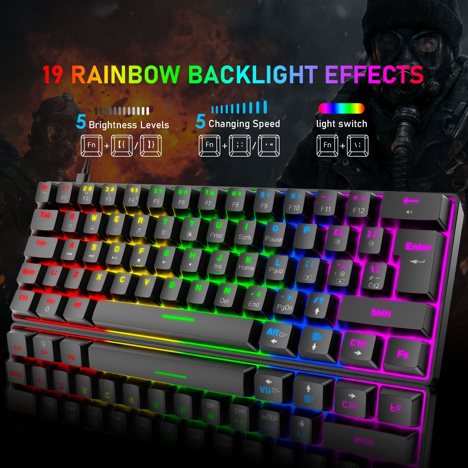 ZIYOU LANG T60 Keyboard Mouse Set, 60% Compact 62 Key USB C Backlit Mechanical Gaming Keyboard, 6400DPI RGB Gaming Mouse, Mice Pad