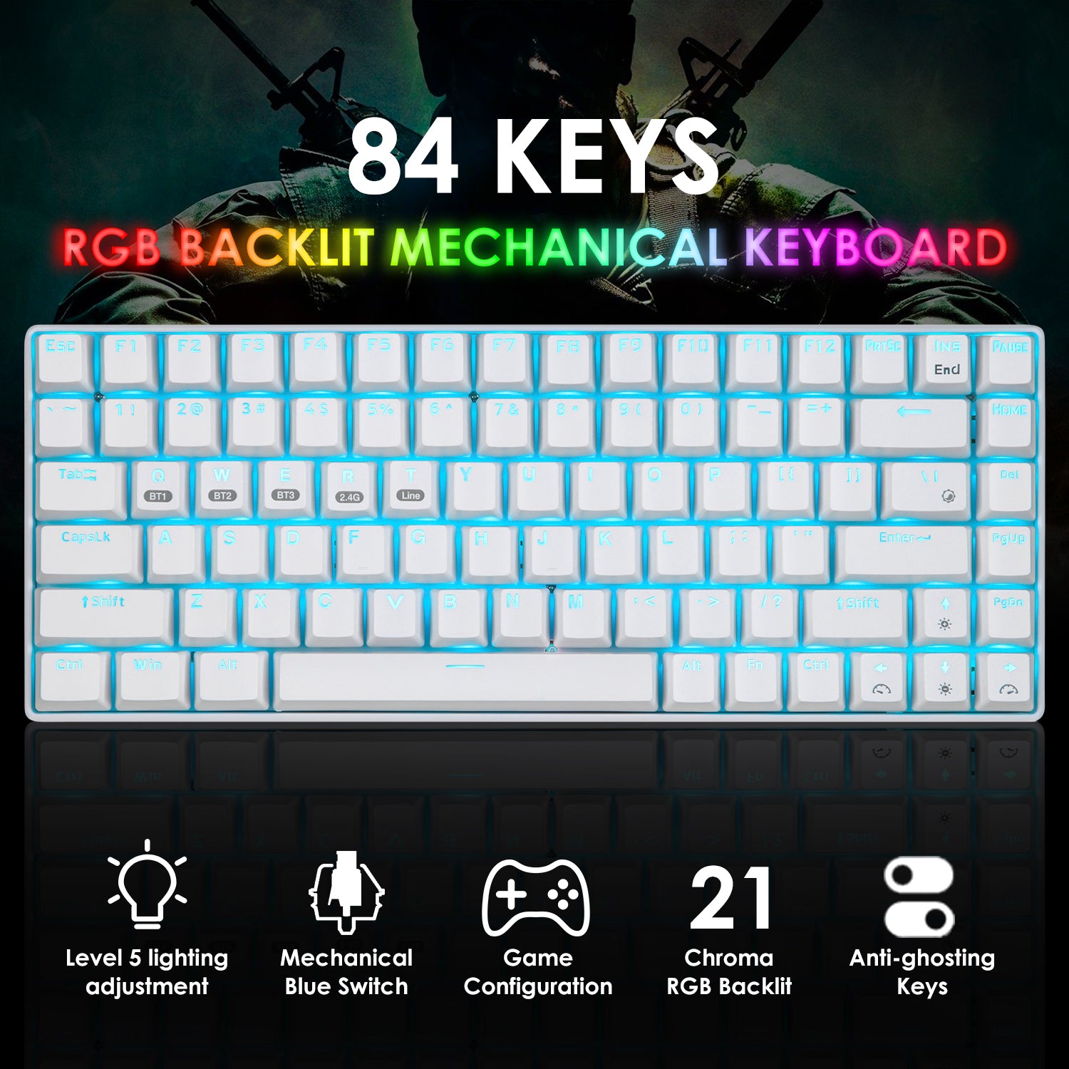 XINMENG XM84 84 Keys 3 Modes Mechanical Keyboard, Bluetooth 5.0/Wireless 2.4G/Wired, Rechargeable 3000mAh Battery, 20 LED Backlit Mode