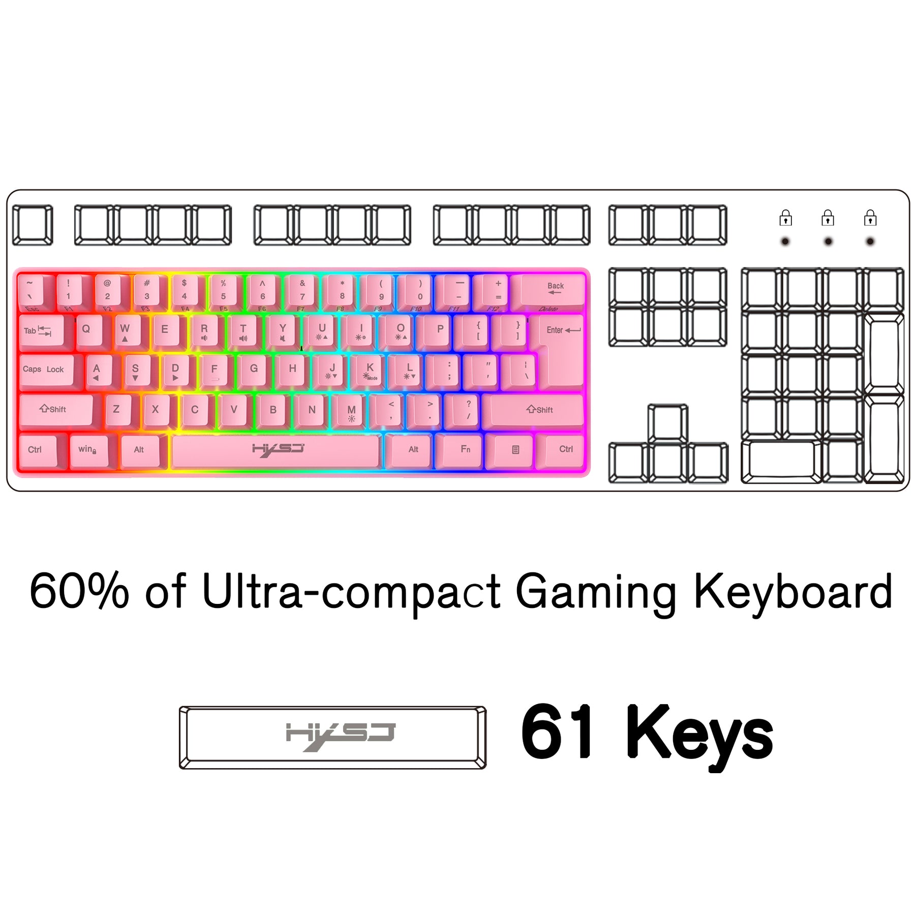 HXSJ V700 60% Gaming Keyboard, 61 Keys Portable Mini Compact Keyboard, 11 RGB Illuminated LED Backlit Waterproof Keyboard