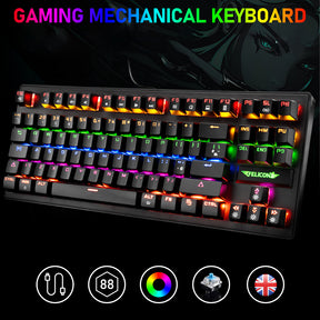 FELiCON K2 Wired 80% Percent Mechanical Gaming Keyboard UK Layout Rainbow Light Up Keyboard Compact 88 Keys Ergonomic for PC Mac