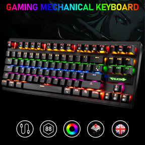 FELiCON K2 Wired 80% Percent Mechanical Gaming Keyboard UK Layout Rainbow Light Up Keyboard Compact 88 Keys Ergonomic for PC Mac