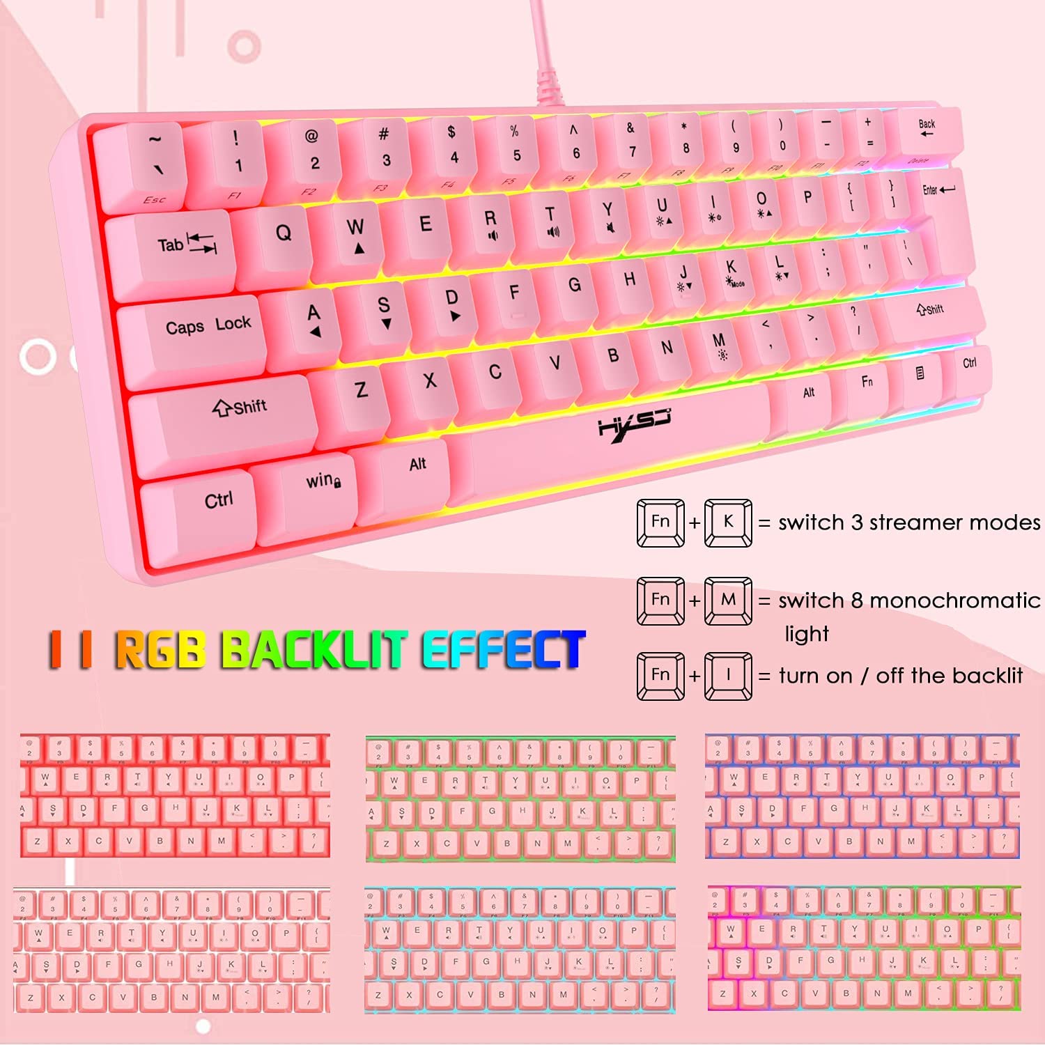 HXSJ V700 60% Gaming Keyboard, 61 Keys Portable Mini Compact Keyboard, 11 RGB Illuminated LED Backlit Waterproof Keyboard