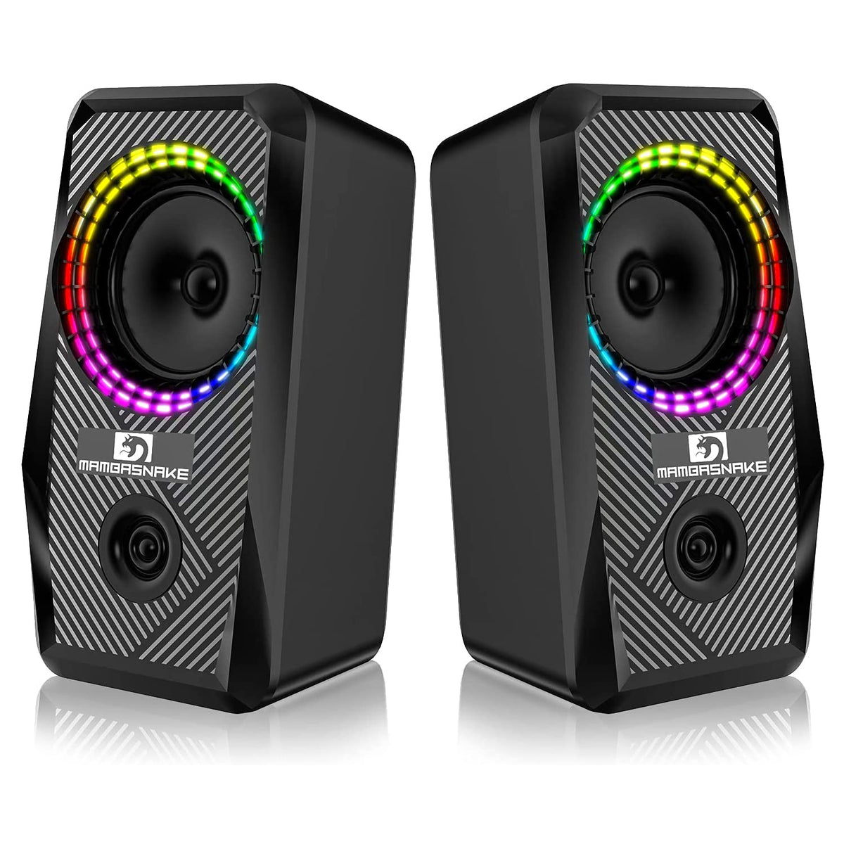 Altavoces RGB con cable para computadora, altavoz estéreo para PC de 2.0 canales con 6 modos LED de colores, sonido mejorado y control de volumen de fácil acceso, altavoces de escritorio alimentados por USB, cable de 3,5 mm para PC y portátiles (negro)