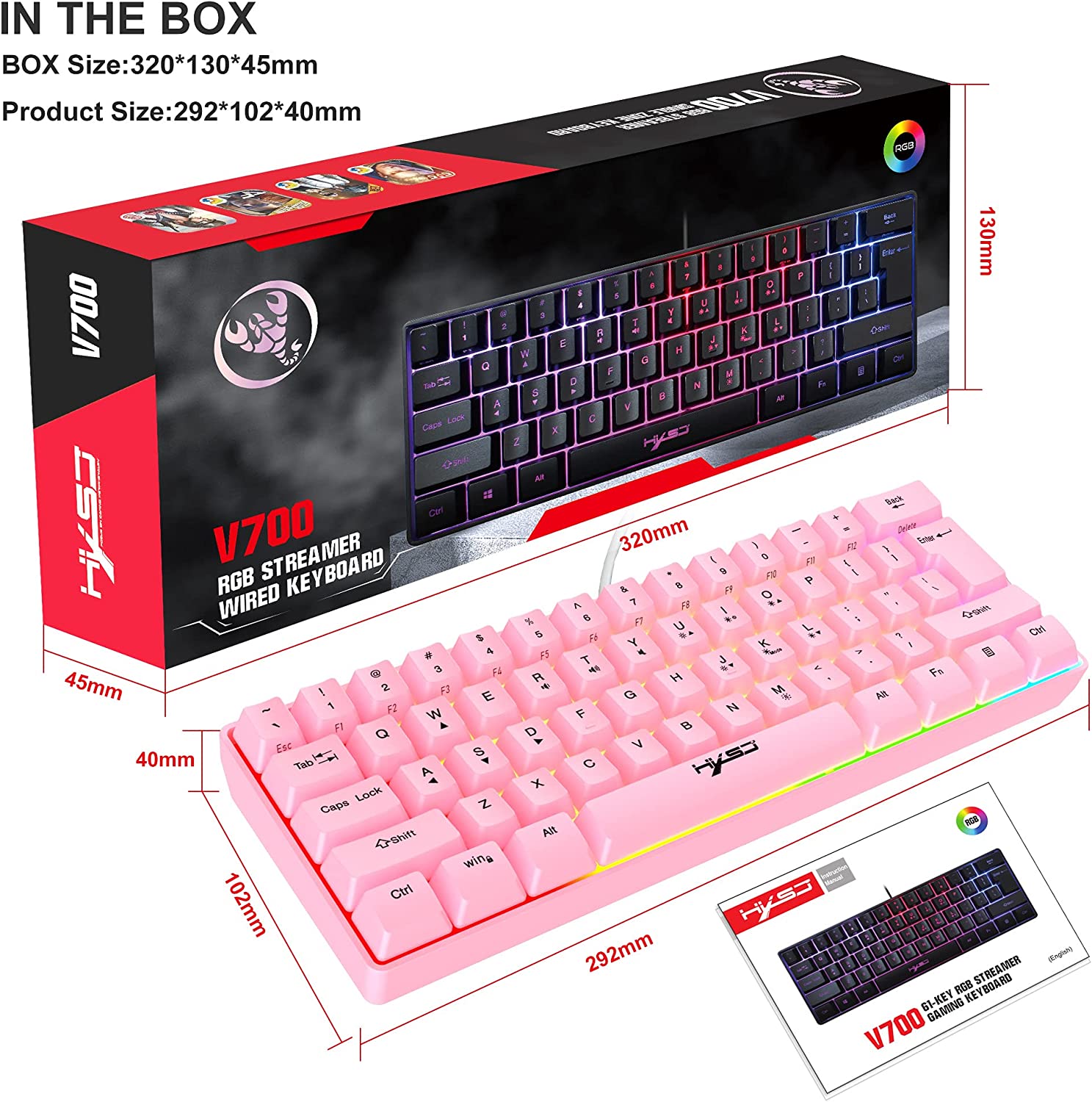 HXSJ V700 60% Gaming Keyboard, 61 Keys Portable Mini Compact Keyboard, 11 RGB Illuminated LED Backlit Waterproof Keyboard