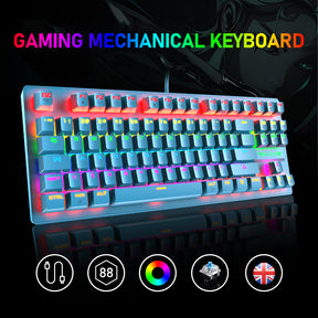 FELiCON K2 Wired 80% Percent Mechanical Gaming Keyboard UK Layout Rainbow Light Up Keyboard Compact 88 Keys Ergonomic for PC Mac