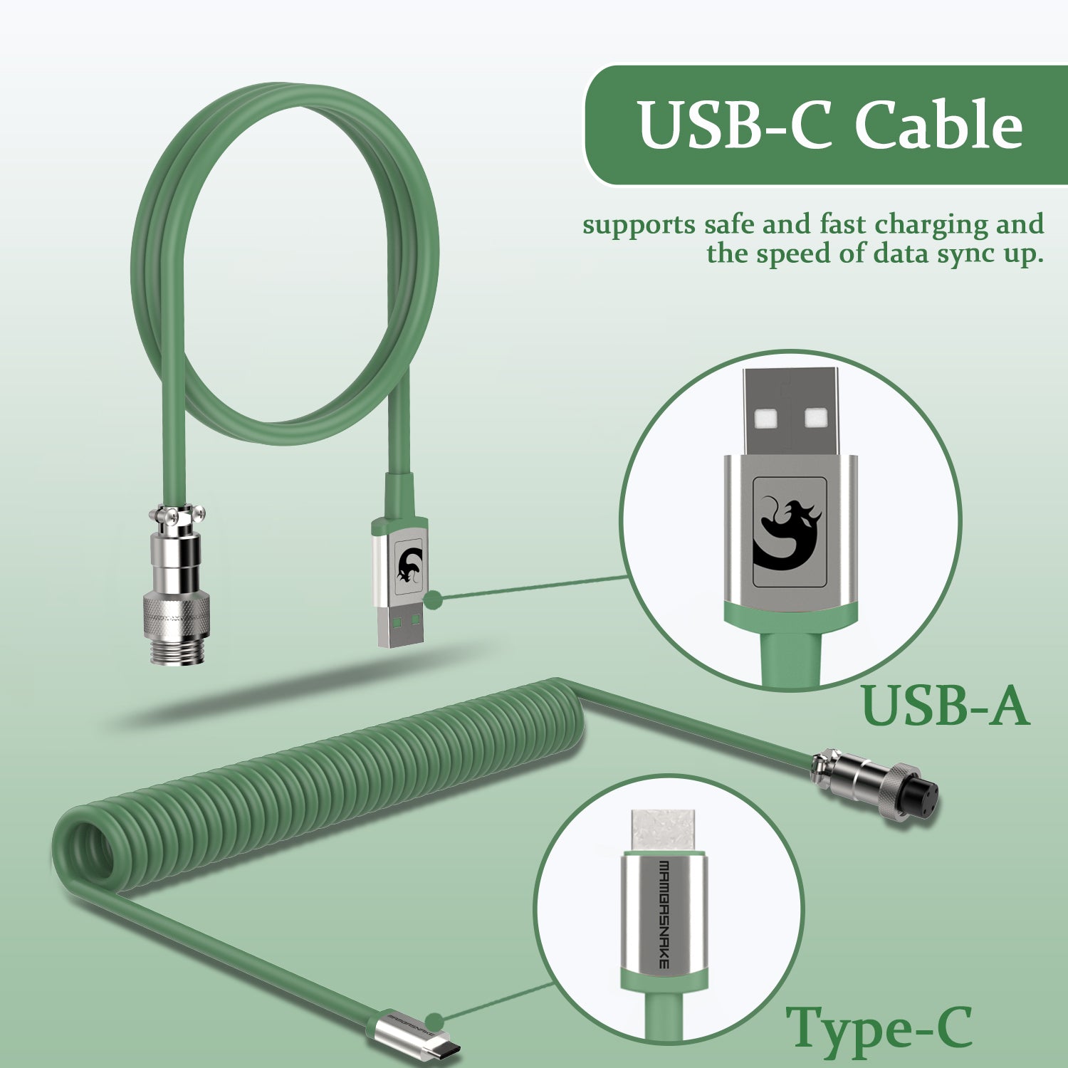 MAMBASNAKE Coiled Gaming Keyboard Cable, Pro Custom USB-C Cable for Mechanical Keyboard, TPU Spring Type-C Cable with Metal Aviation Connector