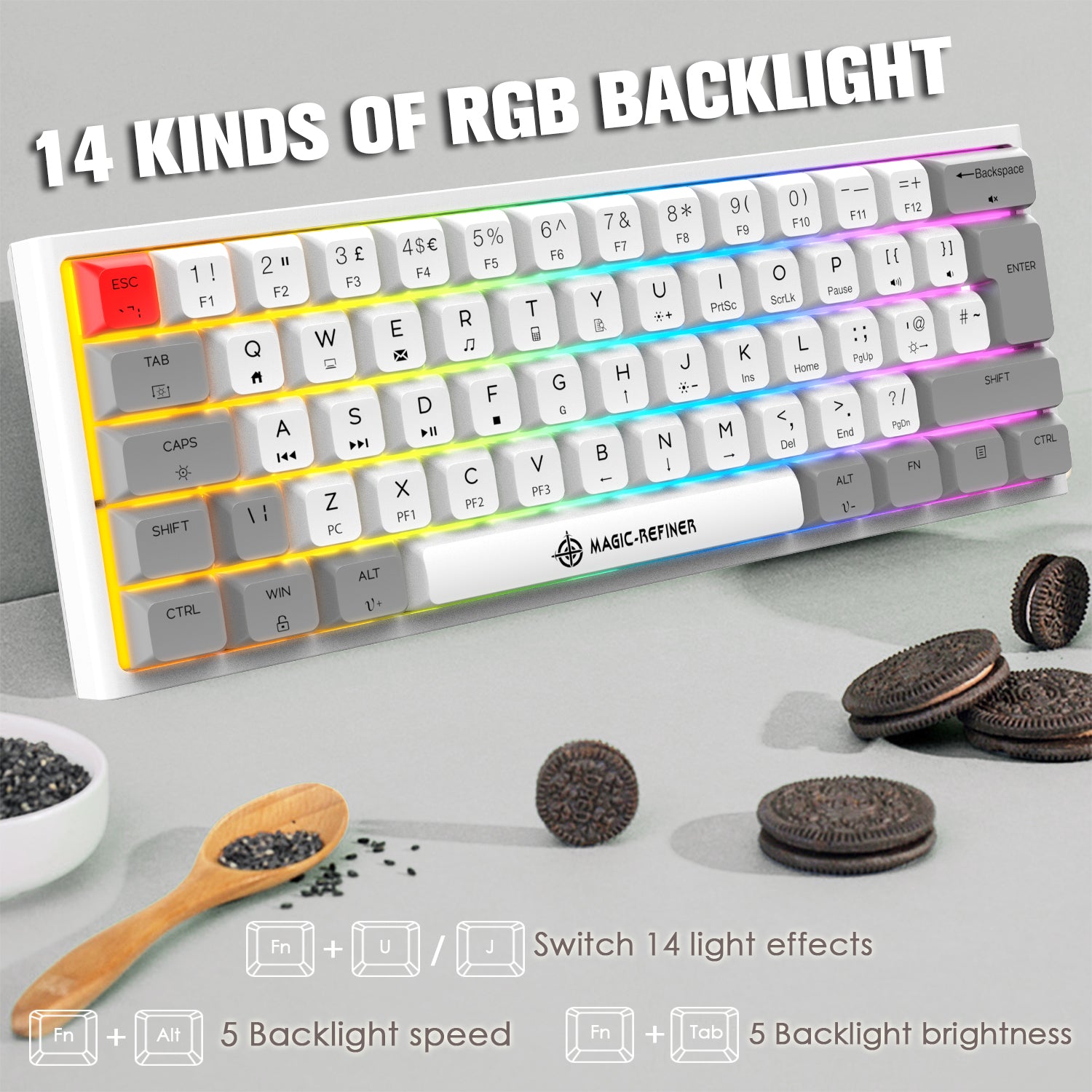 MAGIC-REFINER MK25 PRO UK Layout 60% Mechanical Keyboard, 14 RGB Backlit, Dye-Sublimation Keycap, for PC, White Grey (Red Switch)