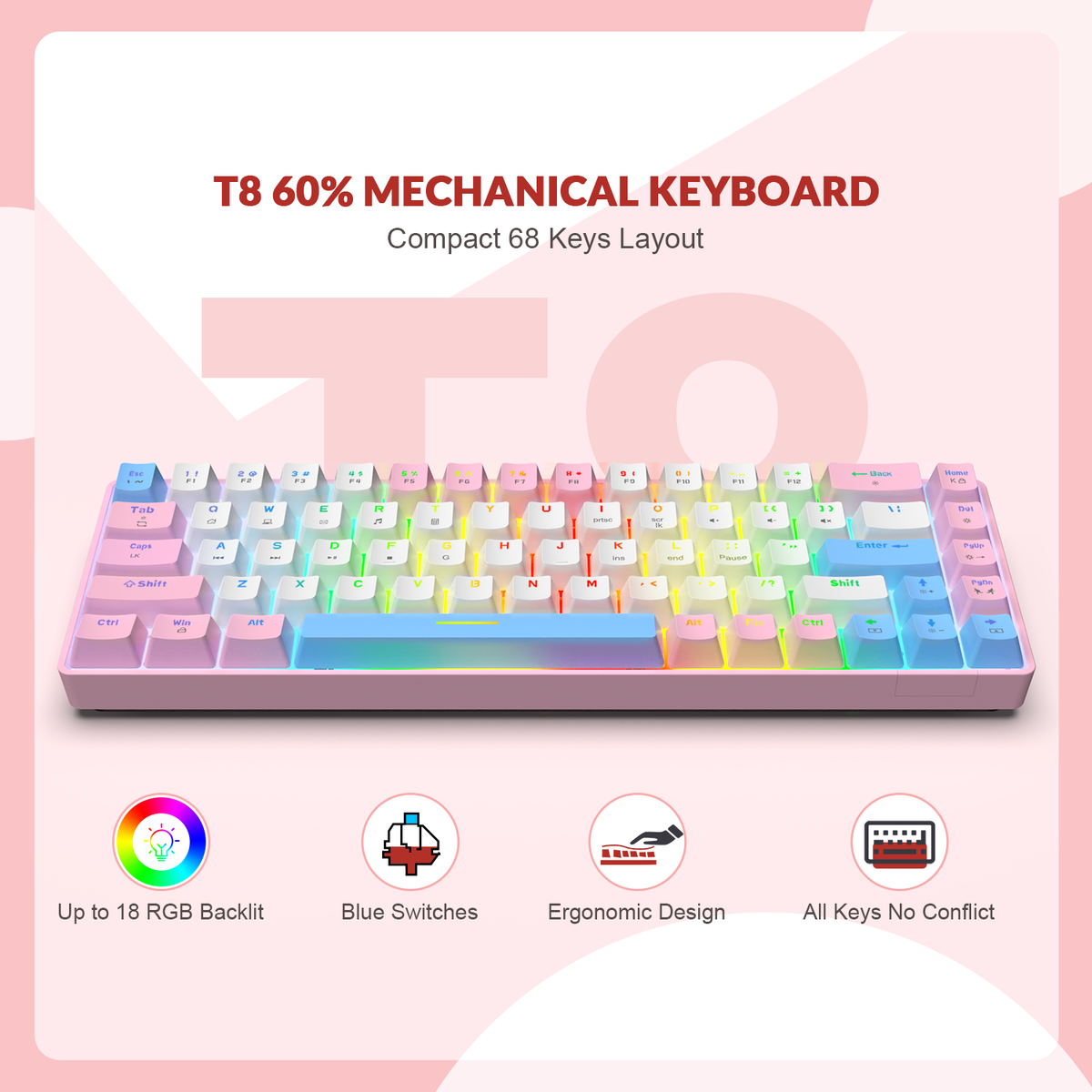 ZIYOULANG T8 60% Gaming Keyboard,68 Keys Compact Mini Wired Mechanical Keyboard with 18 Chroma RGB Backlit,Blue Switch,USB C Coiled Keyboard Cable for PC