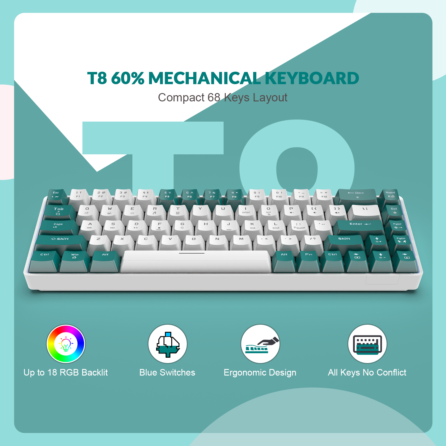 ZIYOULANG T8 60% Gaming Keyboard,68 Keys Compact Mini Wired Mechanical Keyboard with 18 Chroma RGB Backlit,Blue Switch,USB C Coiled Keyboard Cable for PC