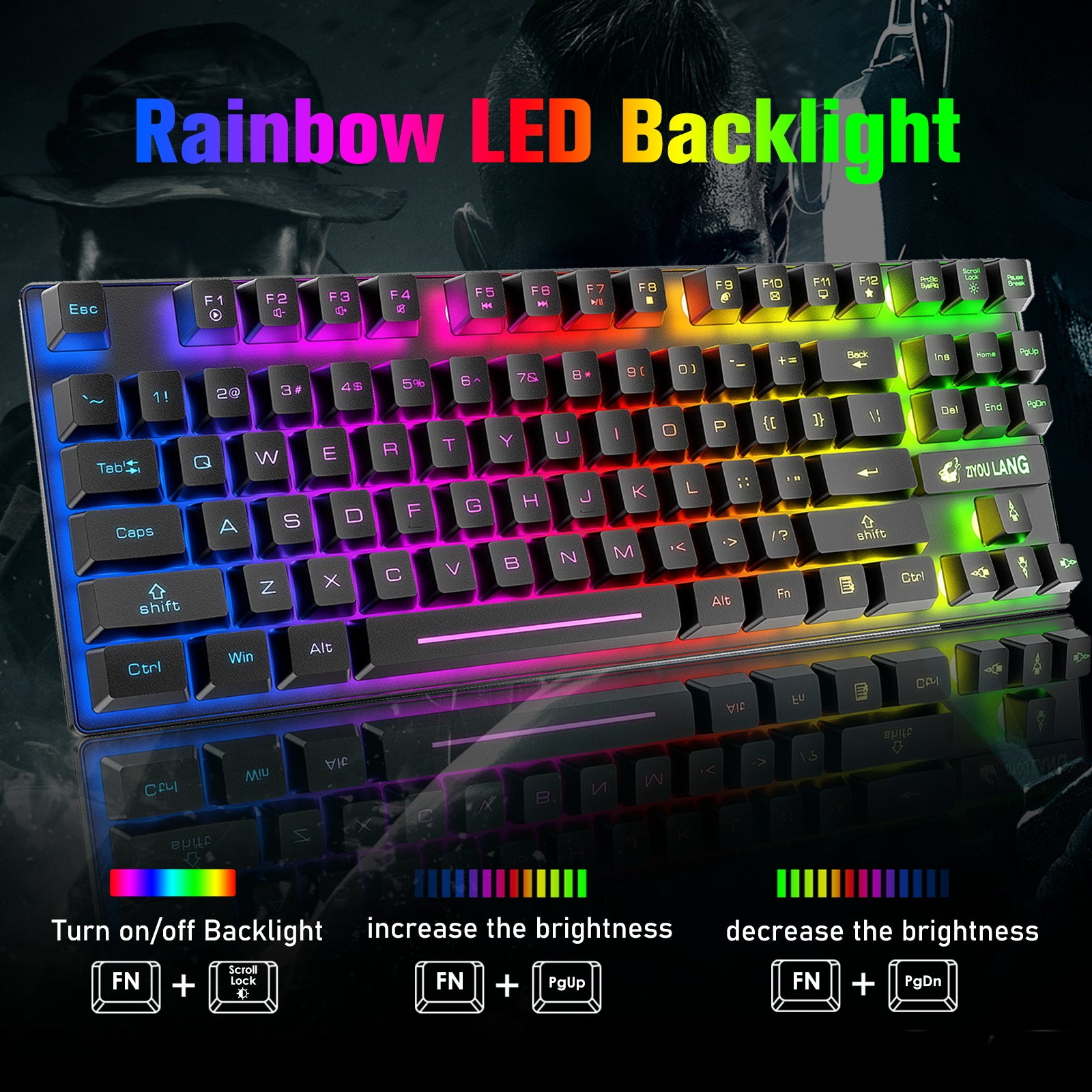 ZIYOU LANG T87 Wireless Gaming Keyboard and Mouse Combo with 87 Key Rainbow LED Backlight Rechargeable 3800mAh Battery Mechanical Feel Anti-ghosting Ergonomic Waterproof RGB Mute Mice for Computer PC Gamer (Black)