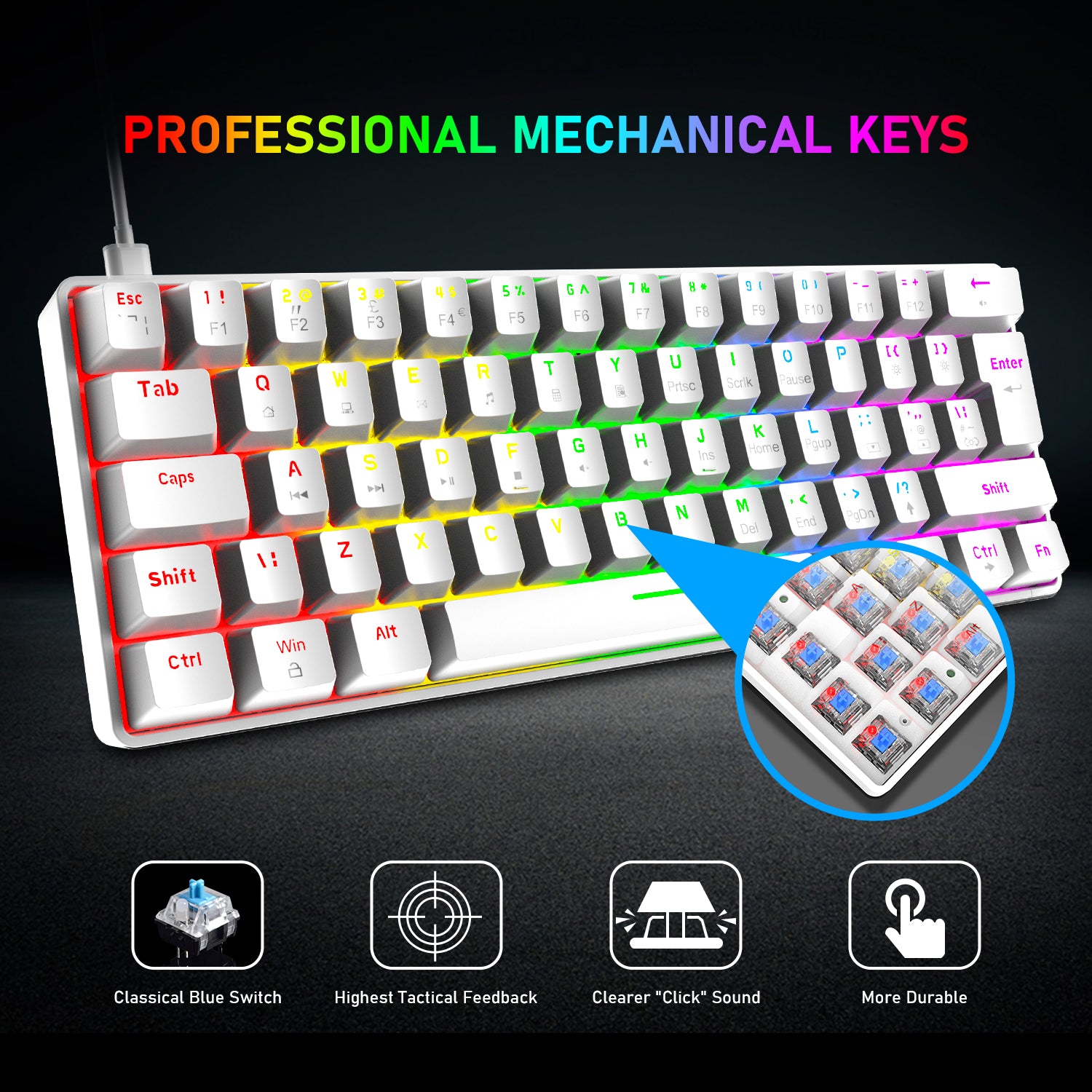 ZIYOU LANG T60 Keyboard Mouse Set, 60% Compact 62 Key USB C Backlit Mechanical Gaming Keyboard, 6400DPI RGB Gaming Mouse, Mice Pad