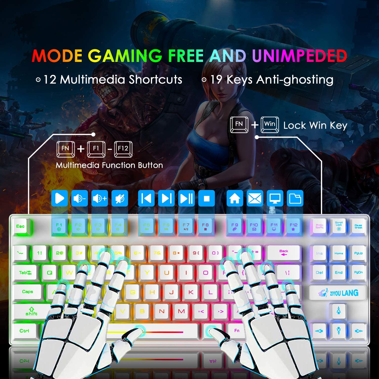 ZIYOU LANG K16 60% Gaming Keyboard87 Keys Mechanical Feeling Multi Color RGB Illuminated LED Backlit Wired Light Up Keyboard