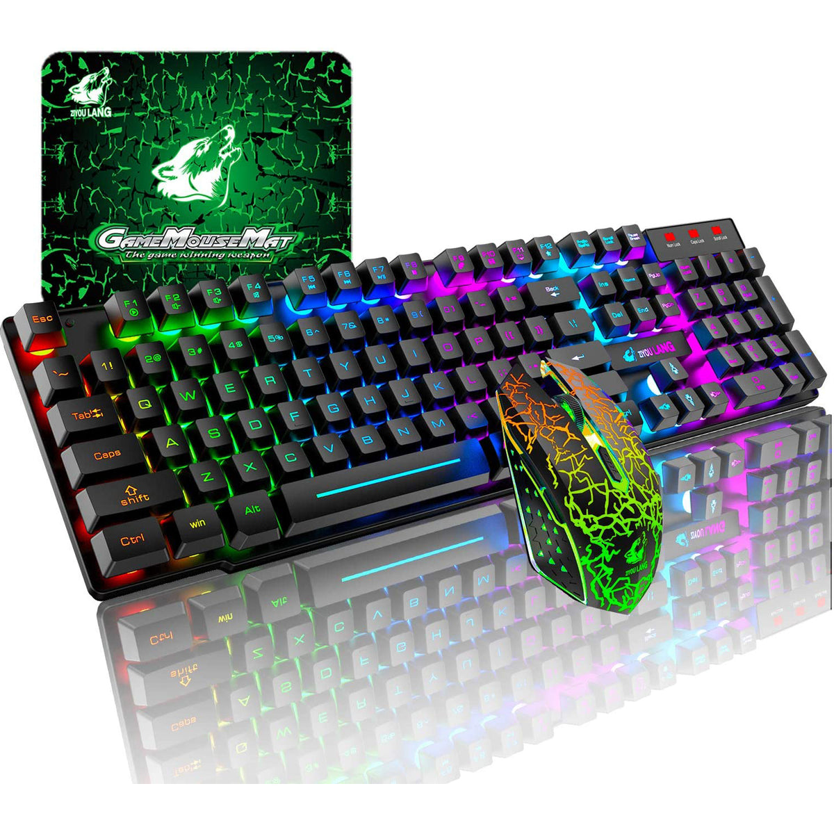 ZIYOU LANG T3 Wireless Rainbow Backlit 2.4G Rechargeable Mechanical Feel Gaming Keyboard+2400DPI 6 Buttons LED Gaming Mouse+Mouse Pad