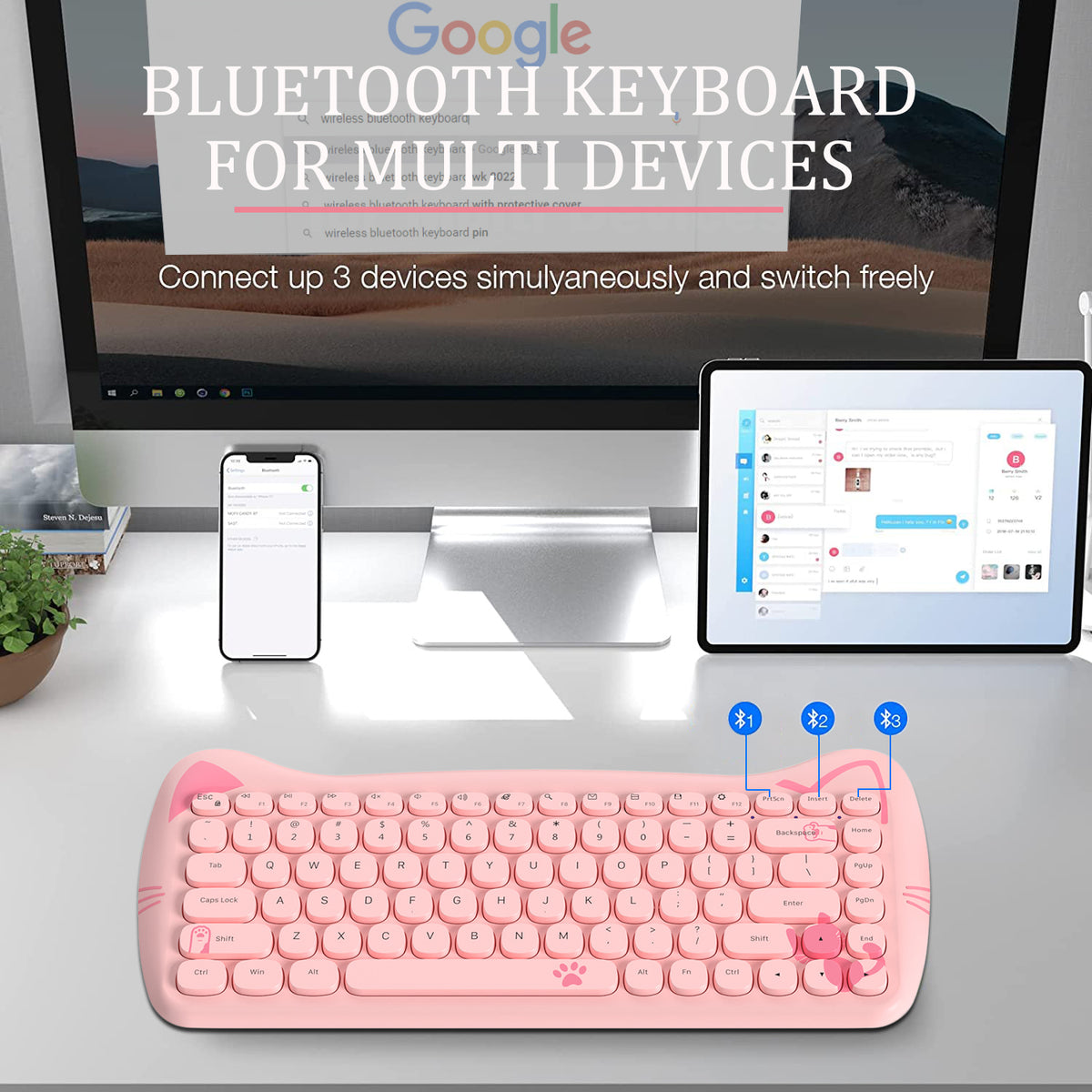 AJAZZ 3060i Wireless Cute Computer Keyboard Lovely Cat Silent Office Bluetooth Keyboard Retro Round Matte Texture Keycap for iPad Laptop