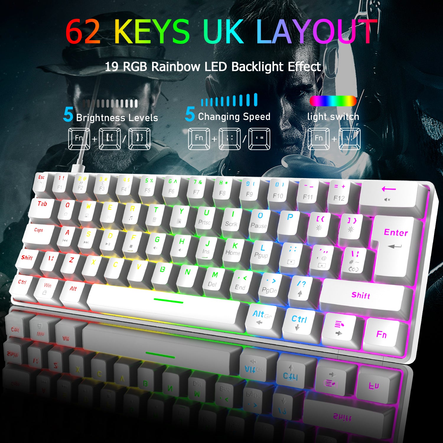 ZIYOU LANG T60 Mini 60% Percent Gaming Mechanical Keyboard UK Layout 19 Rainbow Light Up Compact Keyboard USB-C Cable for PC MAC