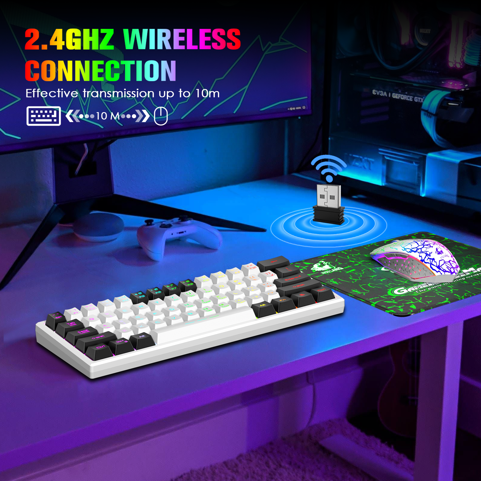 ZIYOU LANG T61 60% Ultra Compact Wireless Gaming Keyboard and Mouse Set with Mousepad 2400 DPI Rainbow Backlit 3800 mAh Rechargeable