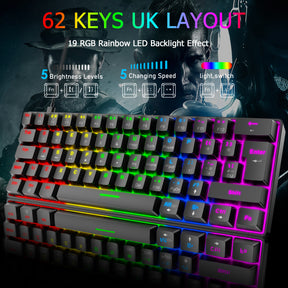 ZIYOU LANG T60 Mini 60% Percent Gaming Mechanical Keyboard UK Layout 19 Rainbow Light Up Compact Keyboard USB-C Cable for PC MAC