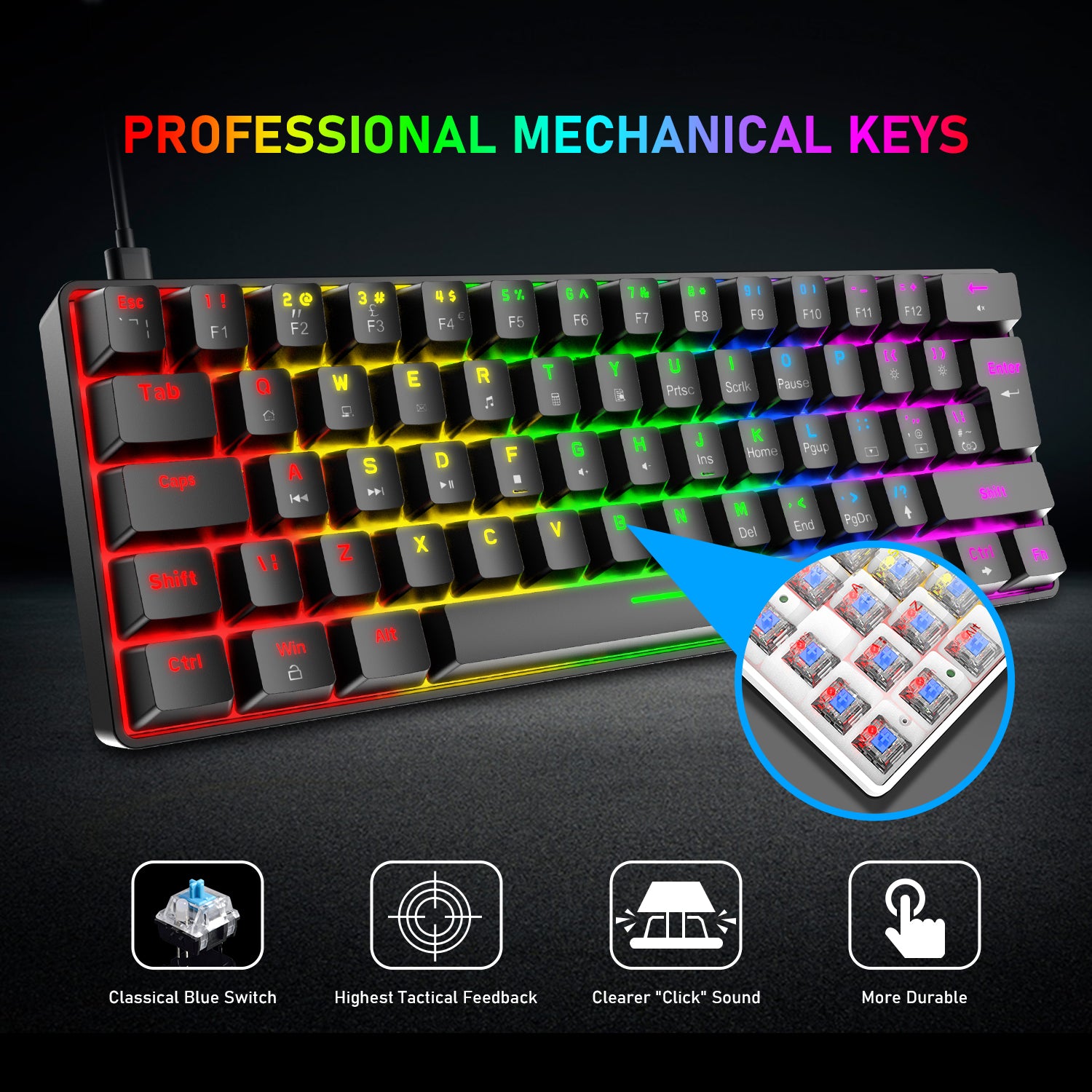 ZIYOU LANG T60 Keyboard Mouse Set, 60% Compact 62 Key USB C Backlit Mechanical Gaming Keyboard, 6400DPI RGB Gaming Mouse, Mice Pad