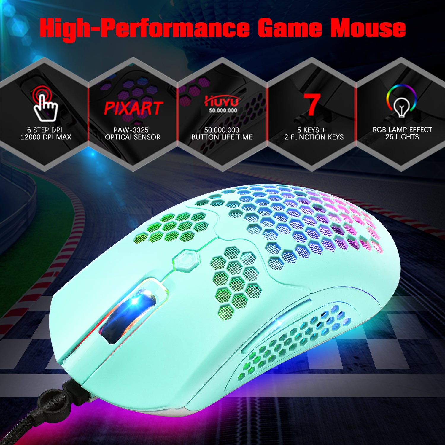 MAMBASNAKE M5 Wired Lightweight Gaming Mouse,26 RGB Backlit Mice with 7 Buttons Programmable Driver,PAW3325 12000DPI Mice, Honeycomb Shell