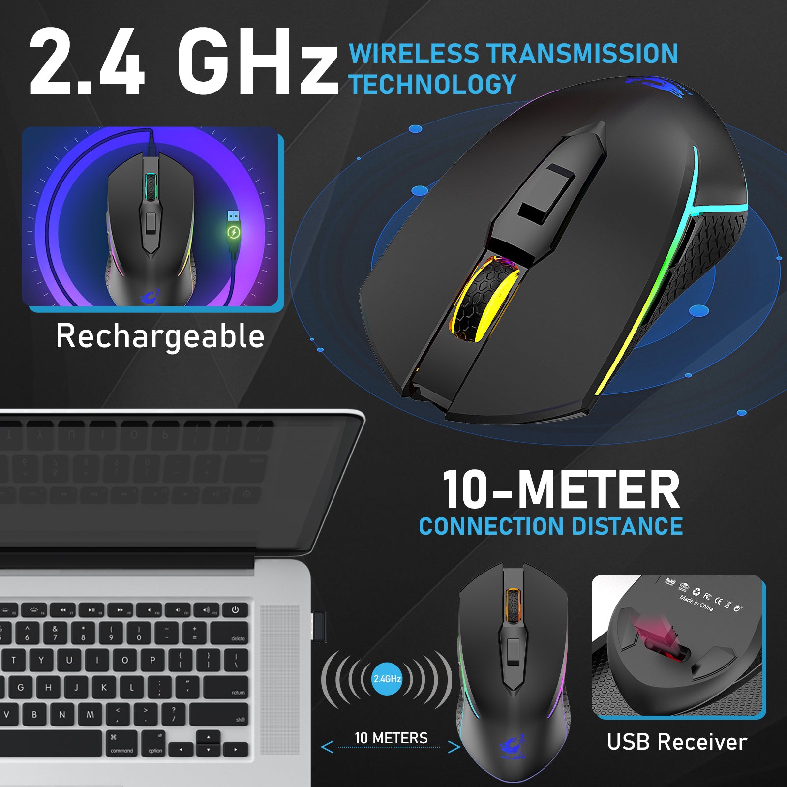 ZIYOU LANG Wireless Gaming Mouse with 2.4Ghz USB Receiver RGB Backlight Adjustable DPI Silent Rechargeable Ergonomic 7 Button