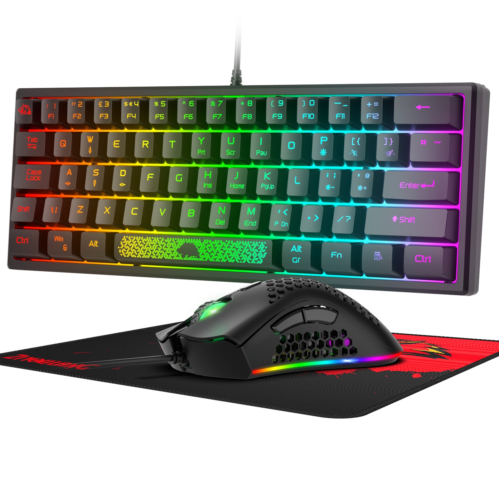 ZIYOU LANG K61 - 60% Compact Gaming Keyboard and Mouse Set UK Layout Ultralight 12000 DPI Breathable LED Honeycomb Shell Mouse