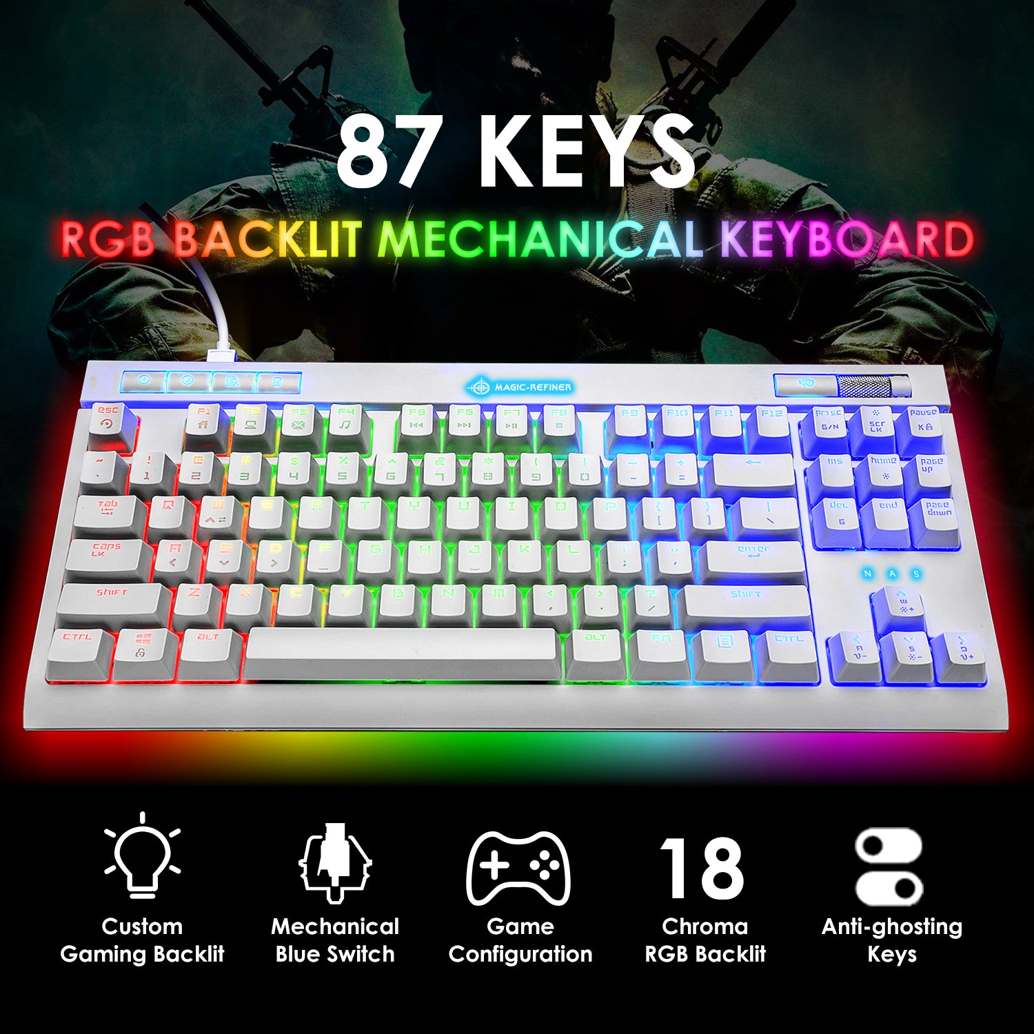 MAGIC-REFINER MK17 87 Key RGB Mechanical Gaming Keyboard, 18  RGB LED Backlit, Multimedia Digital Volume Wheel, full Keys All-ghosting-Blue Switches