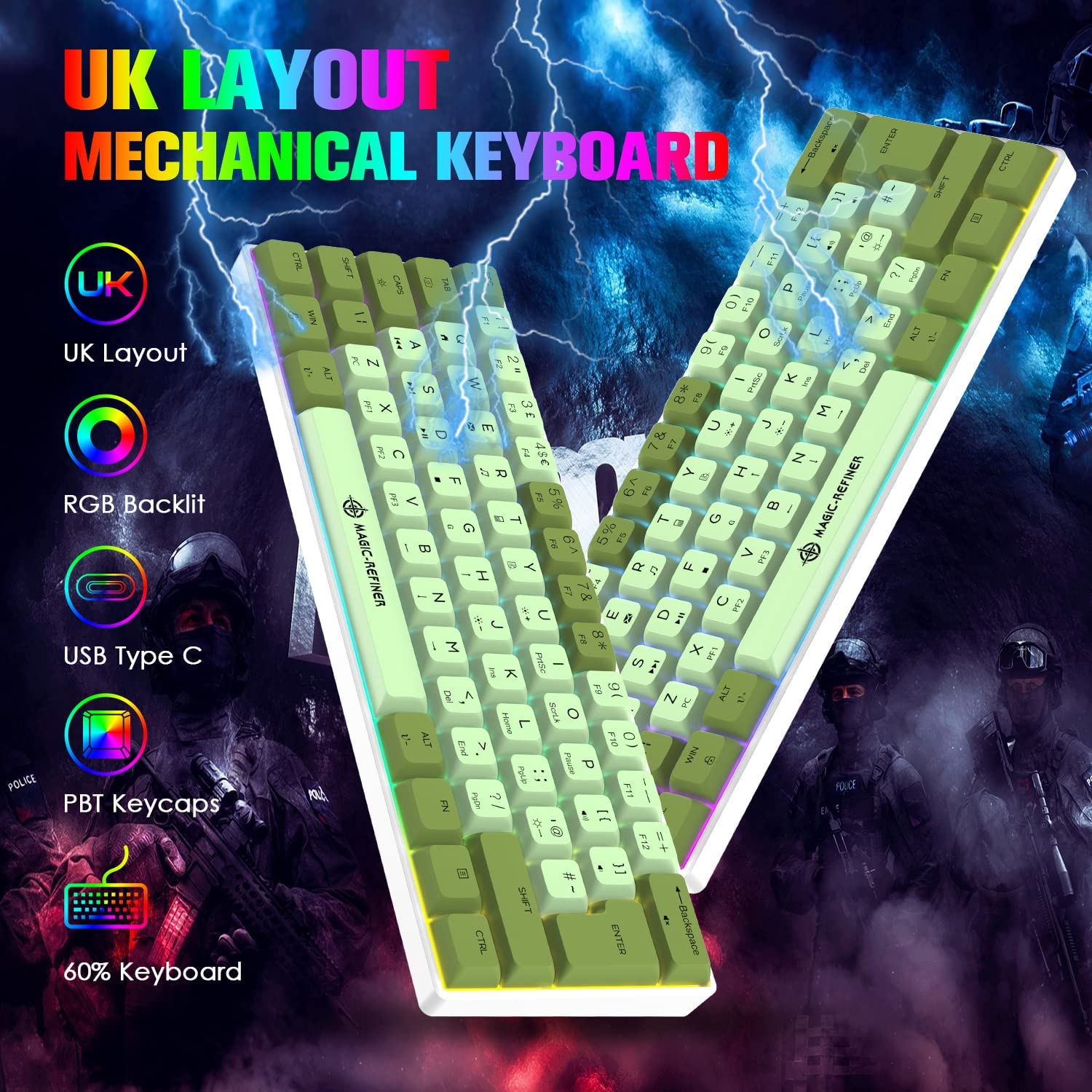 MAGIC-REFINER MK21 UK Layout 60% Mechanical Gaming Keyboard Mini Compact Wired Type C Dye-Sublimation PBT USB Water-resistant 14 Chroma RGB Illuminated