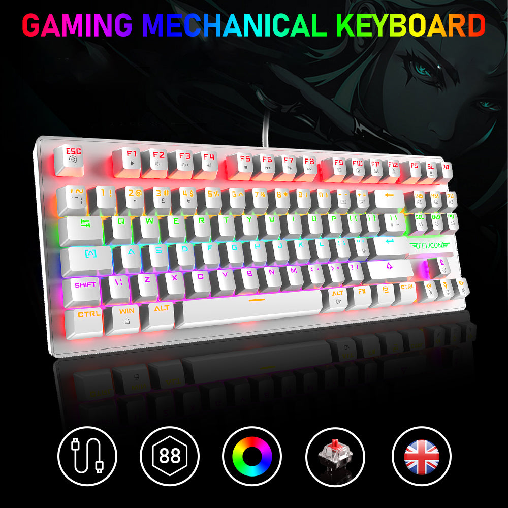 FELiCON K2 Wired 80% Percent Mechanical Gaming Keyboard UK Layout Rainbow Light Up Keyboard Compact 88 Keys Ergonomic for PC Mac