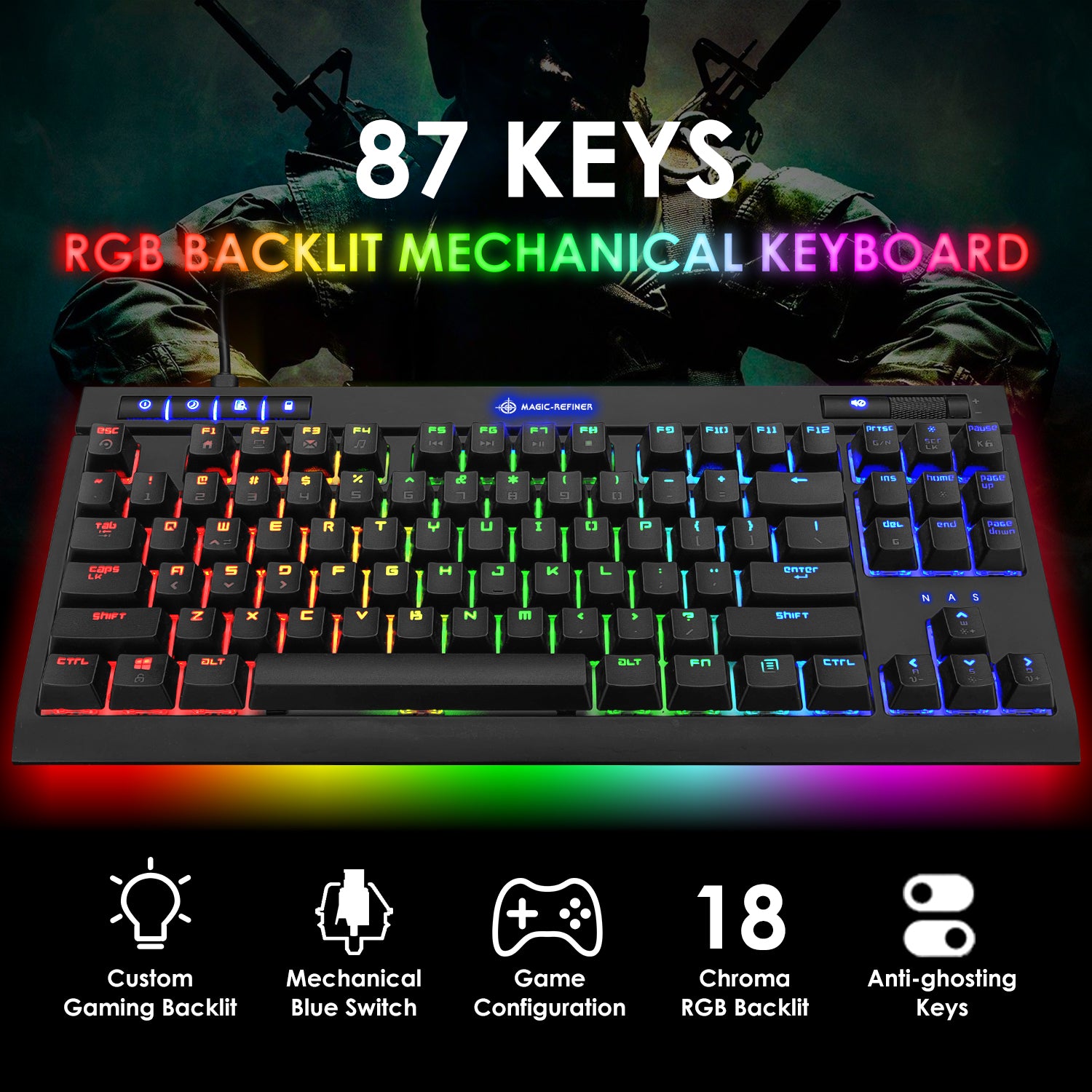 MAGIC-REFINER MK17 87 Key RGB Mechanical Gaming Keyboard, 18  RGB LED Backlit, Multimedia Digital Volume Wheel, full Keys All-ghosting-Blue Switches