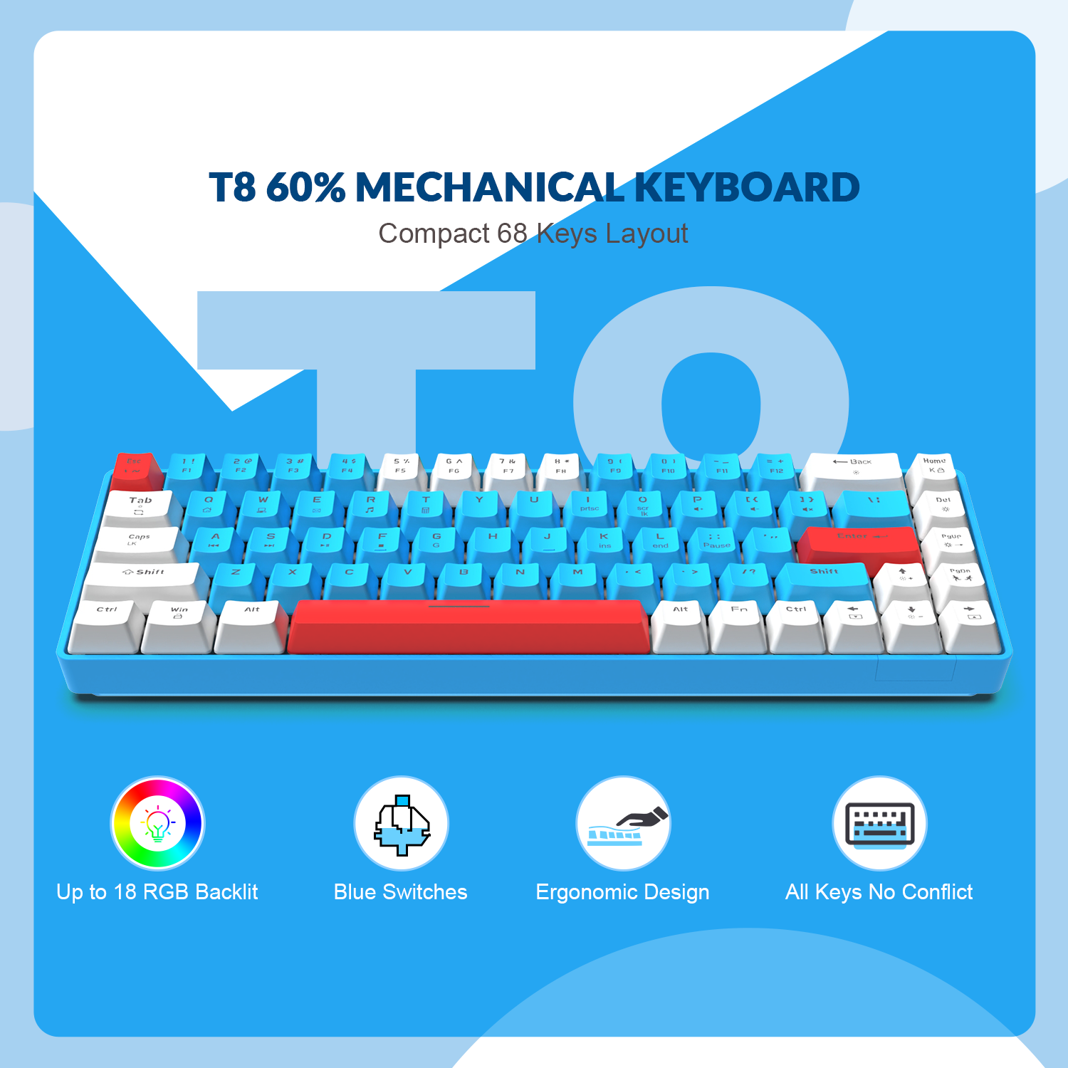 ZIYOULANG T8 60% Gaming Keyboard,68 Keys Compact Mini Wired Mechanical Keyboard with 18 Chroma RGB Backlit,Blue Switch,USB C Coiled Keyboard Cable for PC