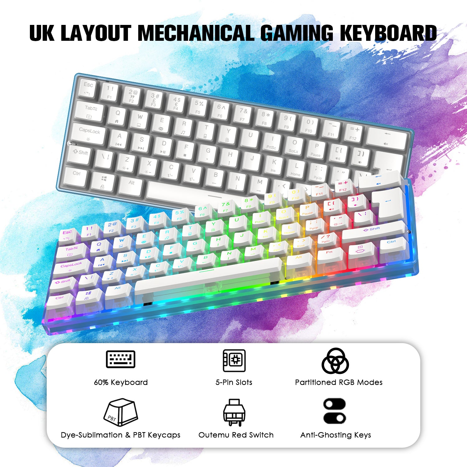 MAGIC-REFINER MK-1 60% Wired Mechanical Gaming Keyboard, PBT Pudding Keycaps, Hot-Swappable, 18 RGB Backlit, Outemu Red Switch, for PC/PS4/Xbox