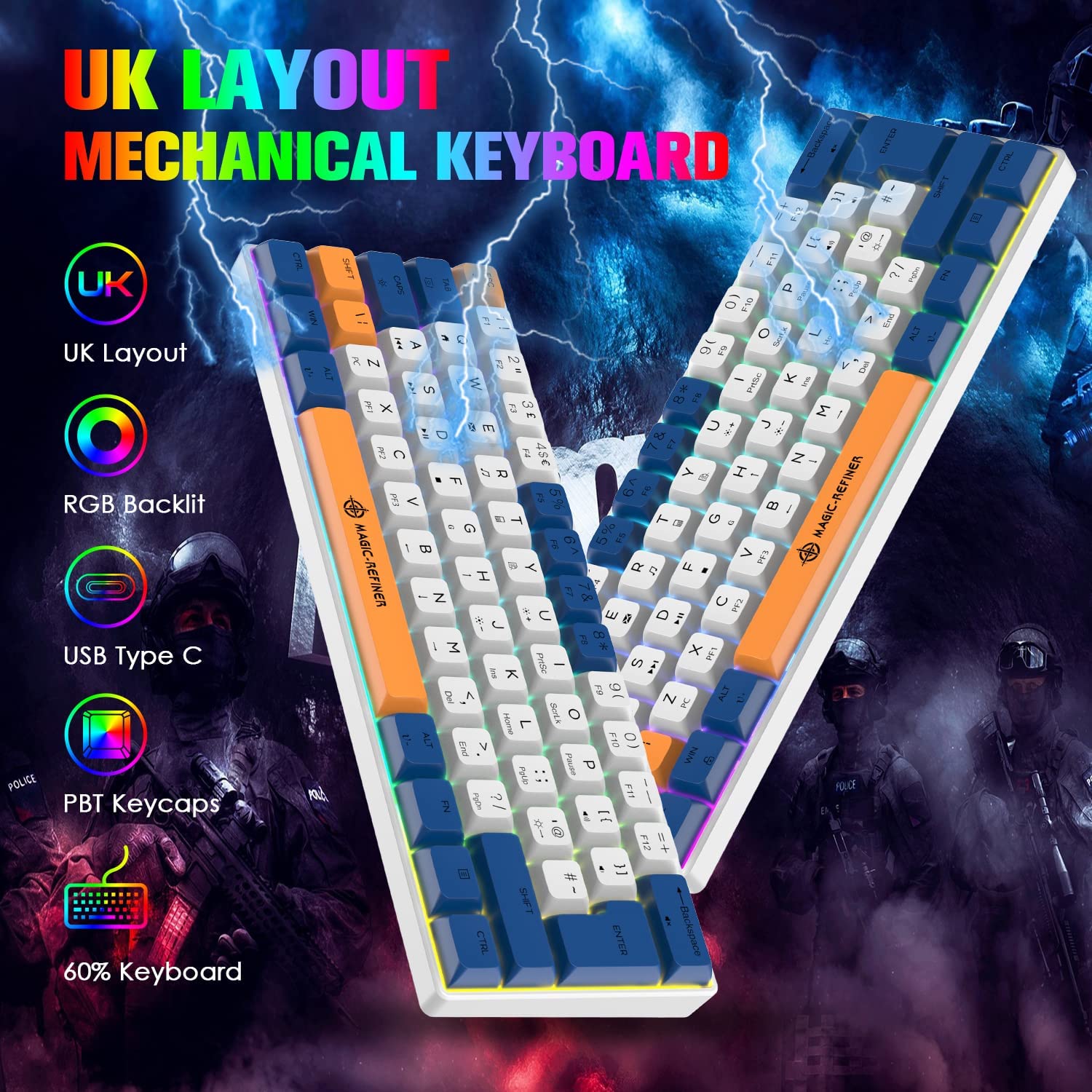 MAGIC-REFINER MK21 UK Layout 60% Mechanical Gaming Keyboard Mini Compact Wired Type C Dye-Sublimation PBT USB Water-resistant 14 Chroma RGB Illuminated