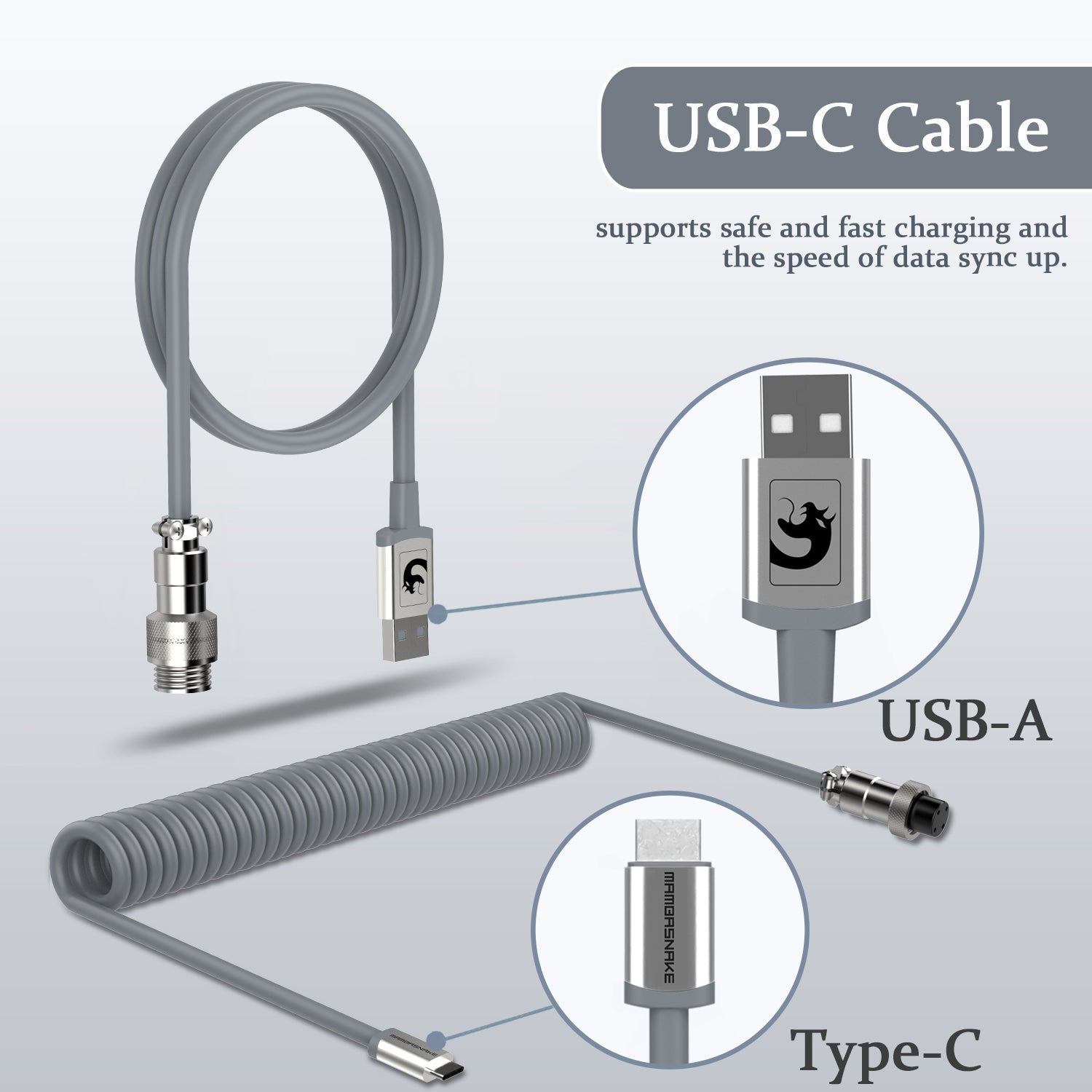 MAMBASNAKE Coiled Gaming Keyboard Cable, Pro Custom USB-C Cable for Mechanical Keyboard, TPU Spring Type-C Cable with Metal Aviation Connector