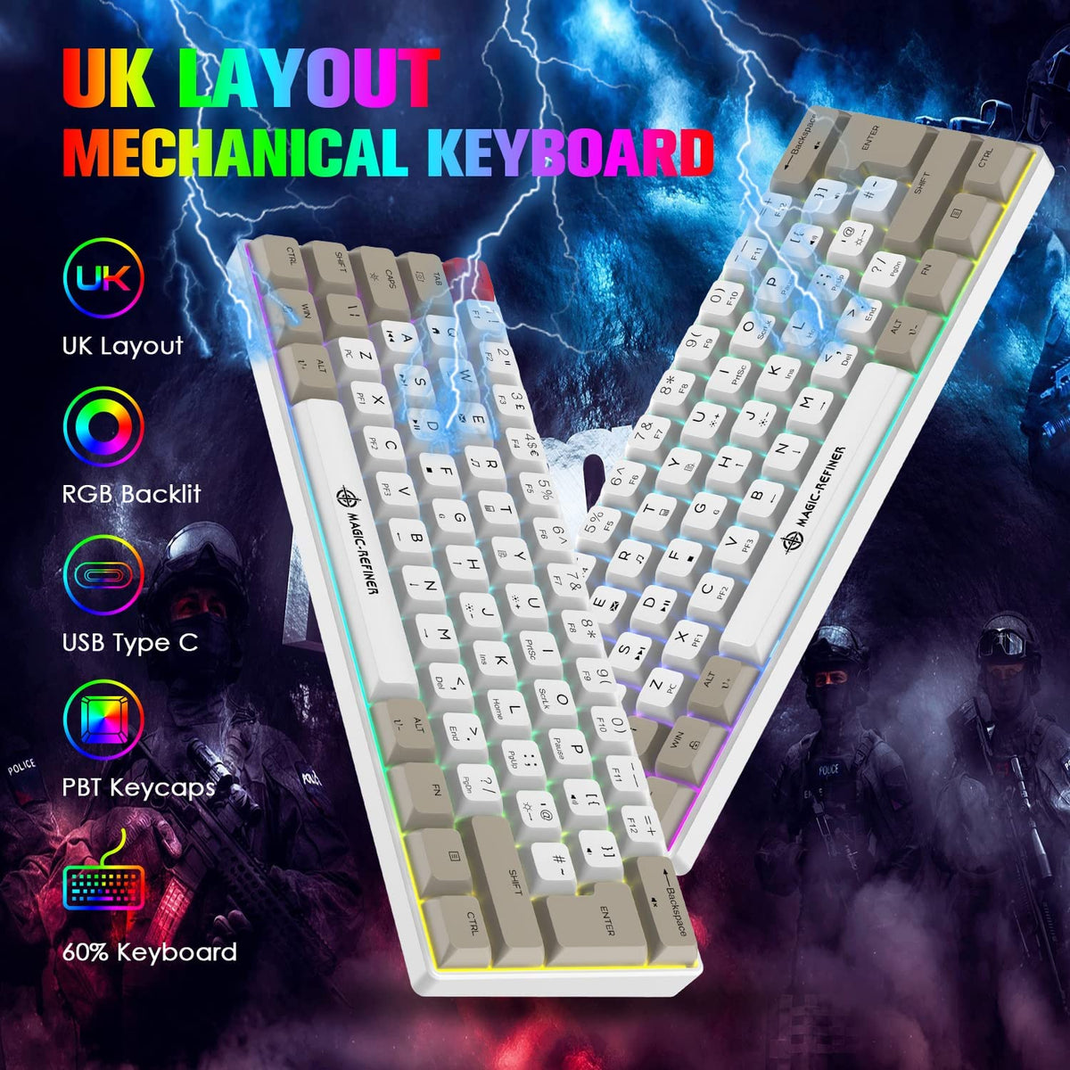 MAGIC-REFINER MK21 UK Layout 60% Mechanical Gaming Keyboard Mini Compact Wired Type C Dye-Sublimation PBT USB Water-resistant 14 Chroma RGB Illuminated