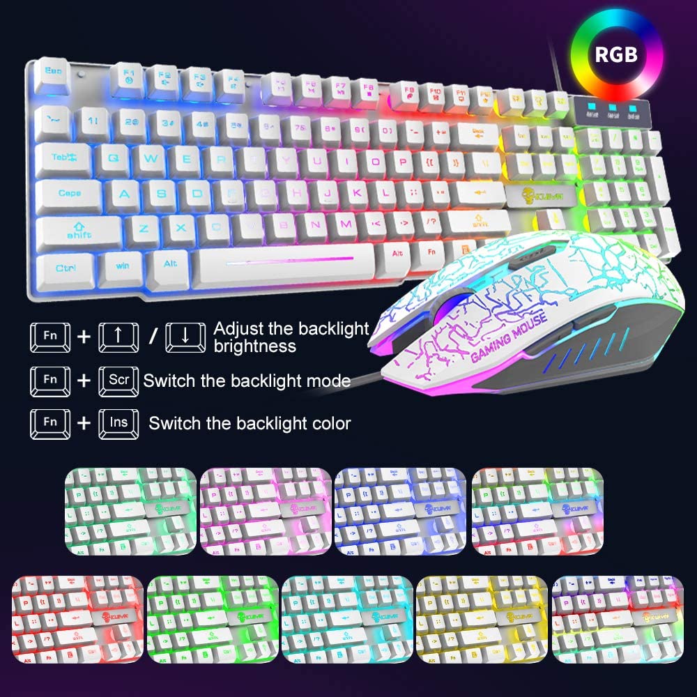 KUIYN T6 Wired Keyboard Mouse Combo 12 Chroma RGB Backlit Mechanical Feel Gaming Keyboard+2400DPI 6 Buttons LED Gaming Mouse+Mouse Pad