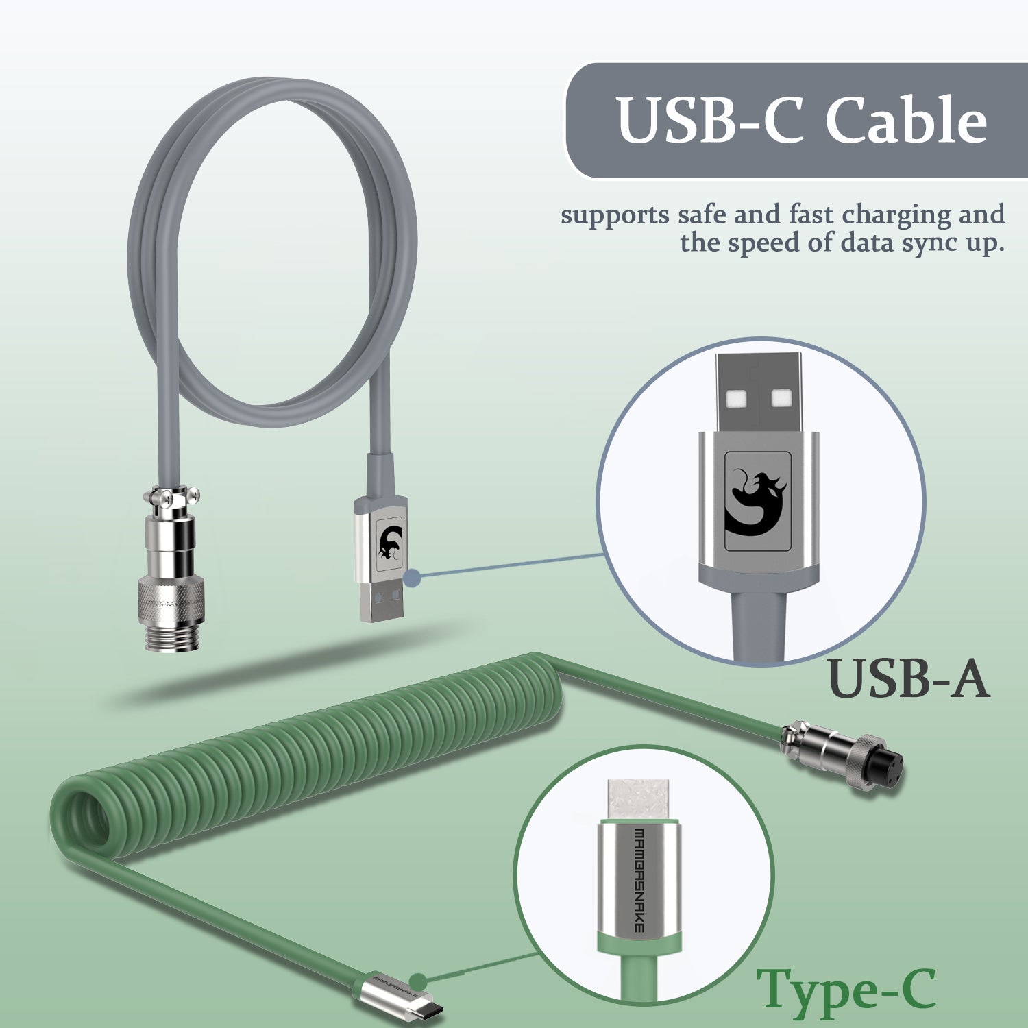 MAMBASNAKE Coiled Gaming Keyboard Cable, Pro Custom USB-C Cable for Mechanical Keyboard, TPU Spring Type-C Cable with Metal Aviation Connector