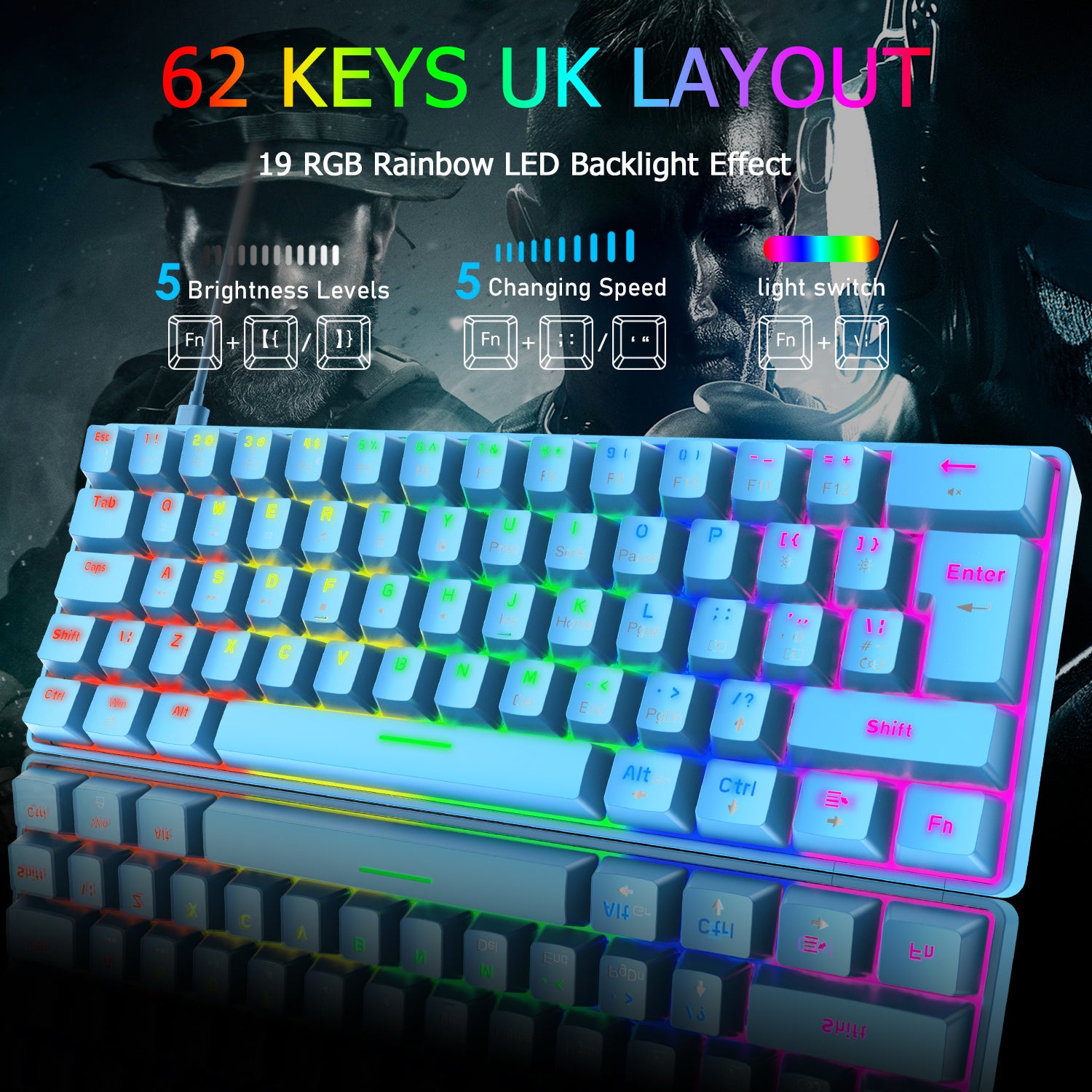 ZIYOU LANG T60 Mini 60% Percent Gaming Mechanical Keyboard UK Layout 19 Rainbow Light Up Compact Keyboard USB-C Cable for PC MAC