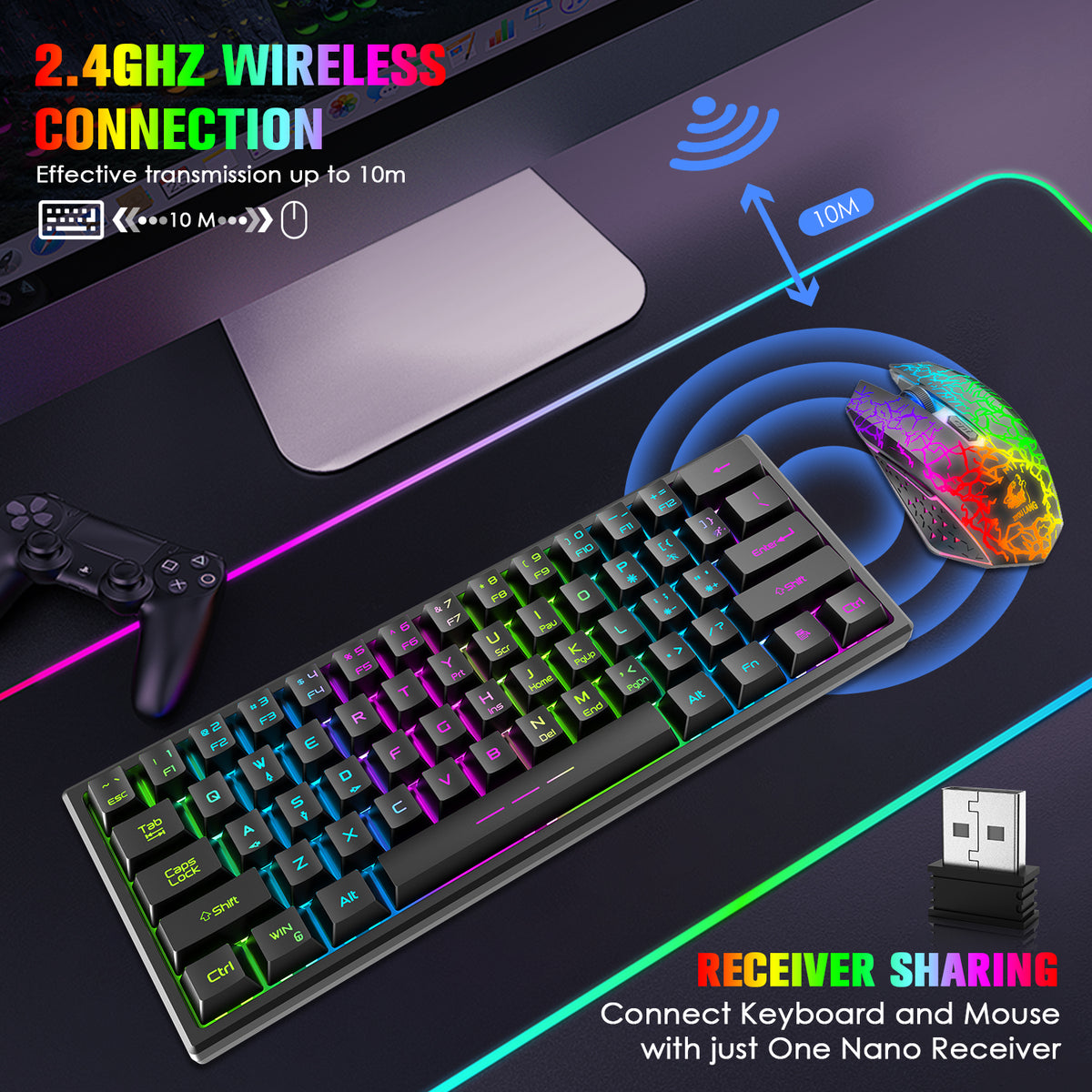 Combo clavier et souris de jeu sans fil, clavier rétroéclairé arc-en-ciel à 61 touches avec batterie rechargeable 4000 mAh, sensation mécanique, ergonomique, silencieux, souris et tapis de souris RVB muets pour PS4, Xbox One, ordinateur de bureau, PC