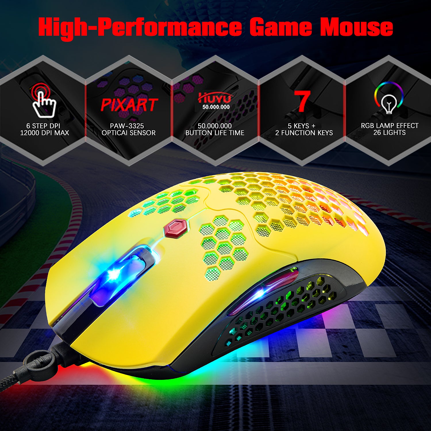 MAMBASNAKE M5 Wired Lightweight Gaming Mouse,26 RGB Backlit Mice with 7 Buttons Programmable Driver,PAW3325 12000DPI Mice, Honeycomb Shell