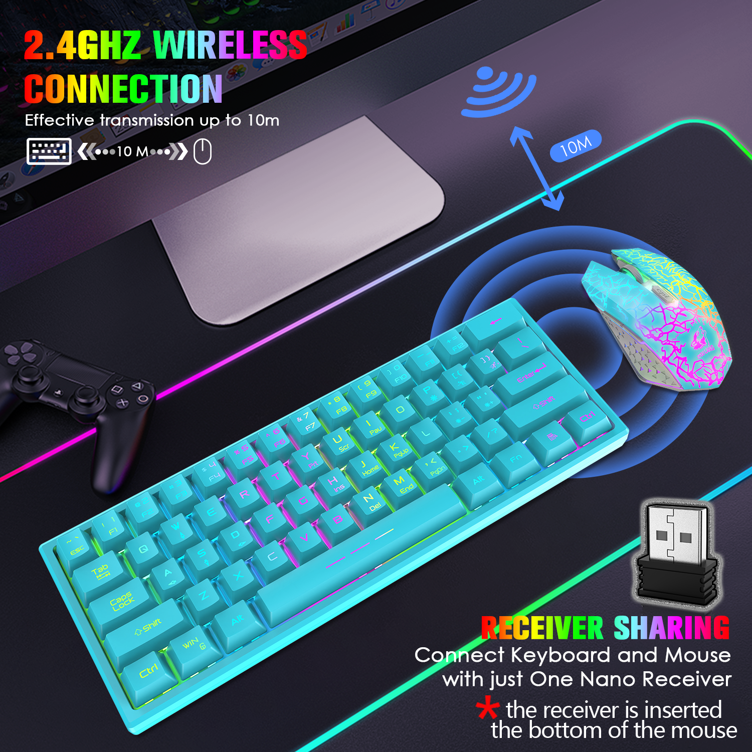 ZIYOU LANG T61 60% Ultra Compact Wireless Gaming Keyboard and Mouse Set with Mousepad 2400 DPI Rainbow Backlit 3800 mAh Rechargeable